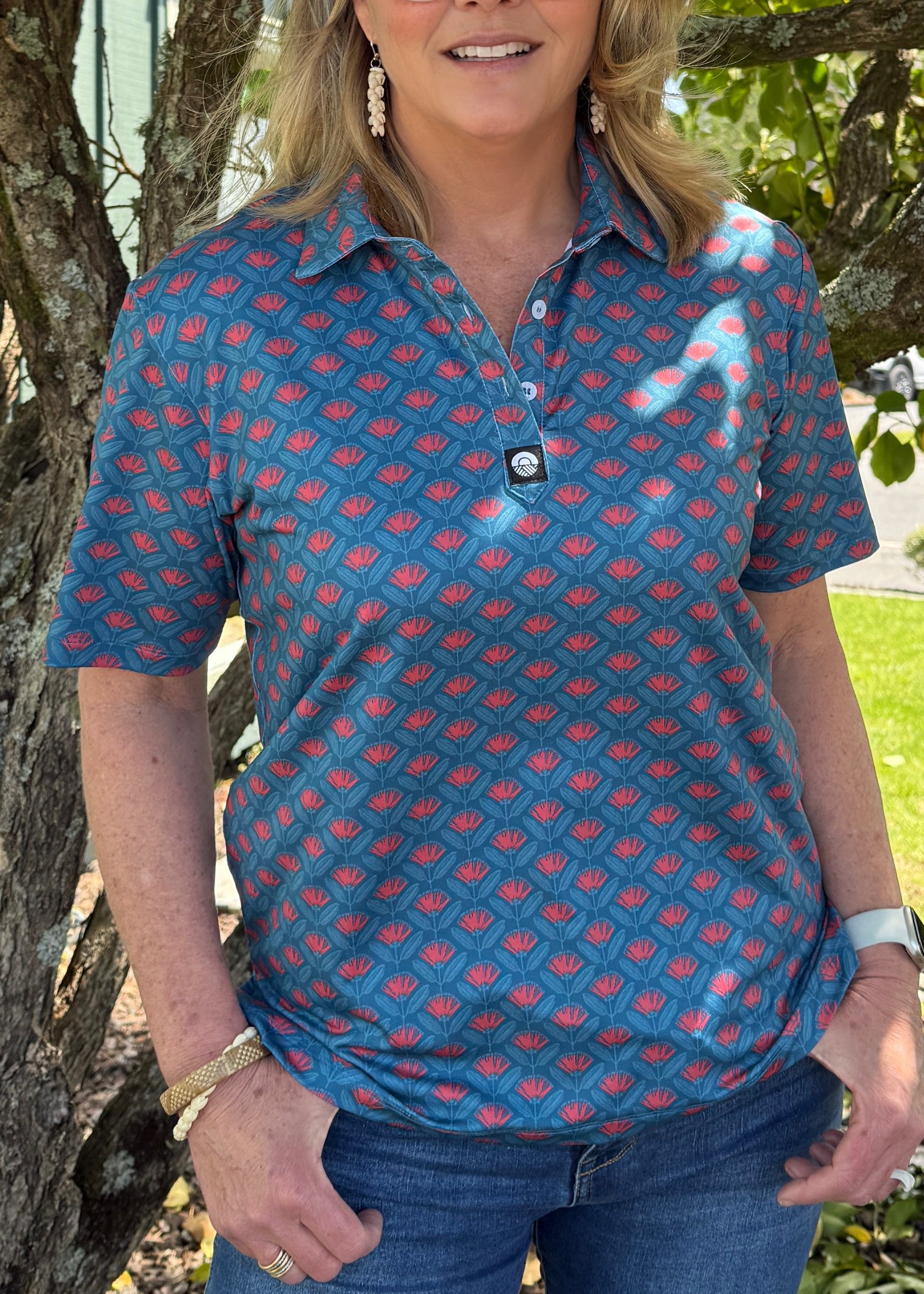 Womens Pōhutukawa Golf Polo- Red & Blue