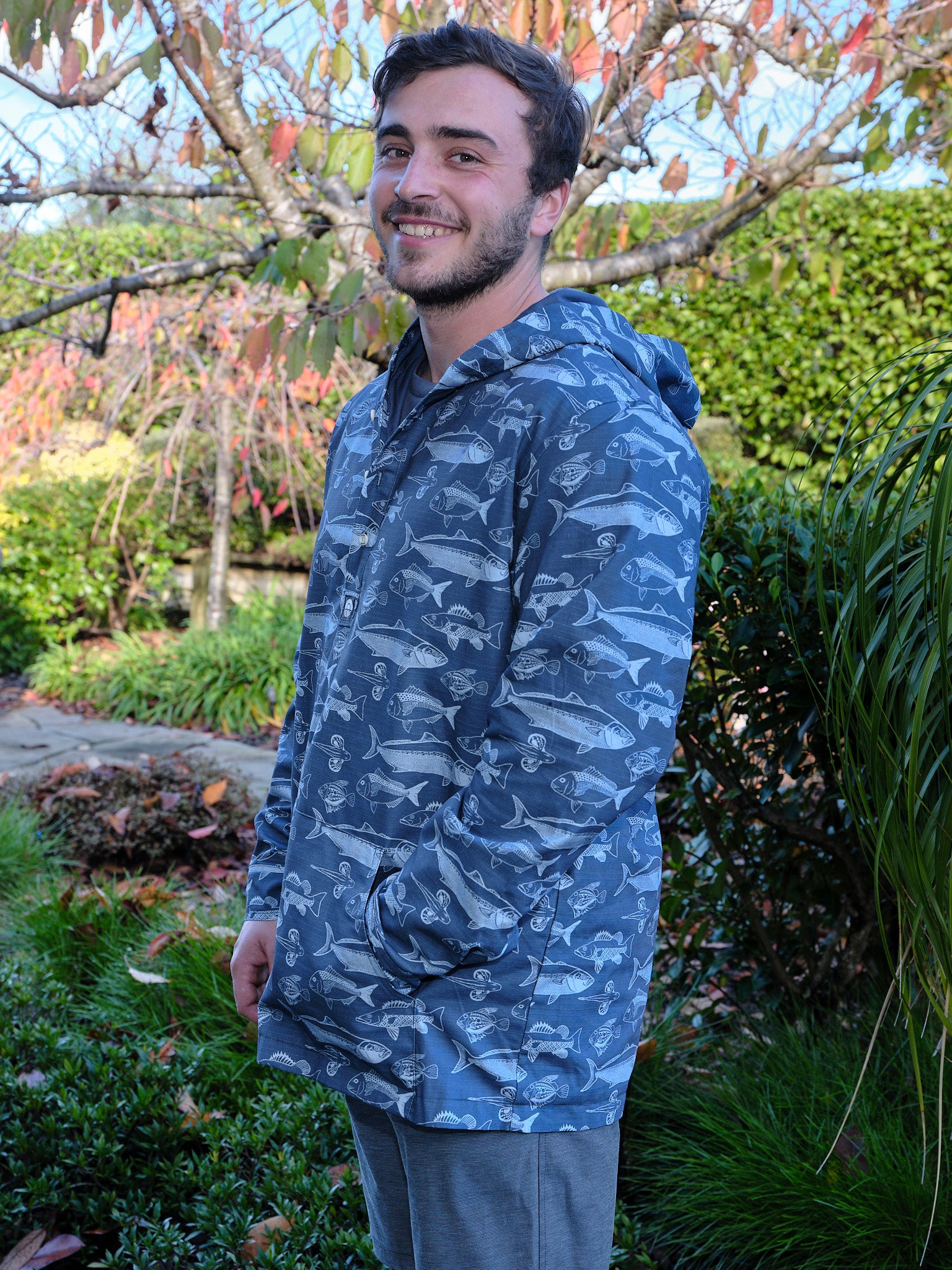 Men’s Fish BOI cotton ripstop pullover with Bay of Islands fish print – durable lightweight jacket by Kaleo NZ