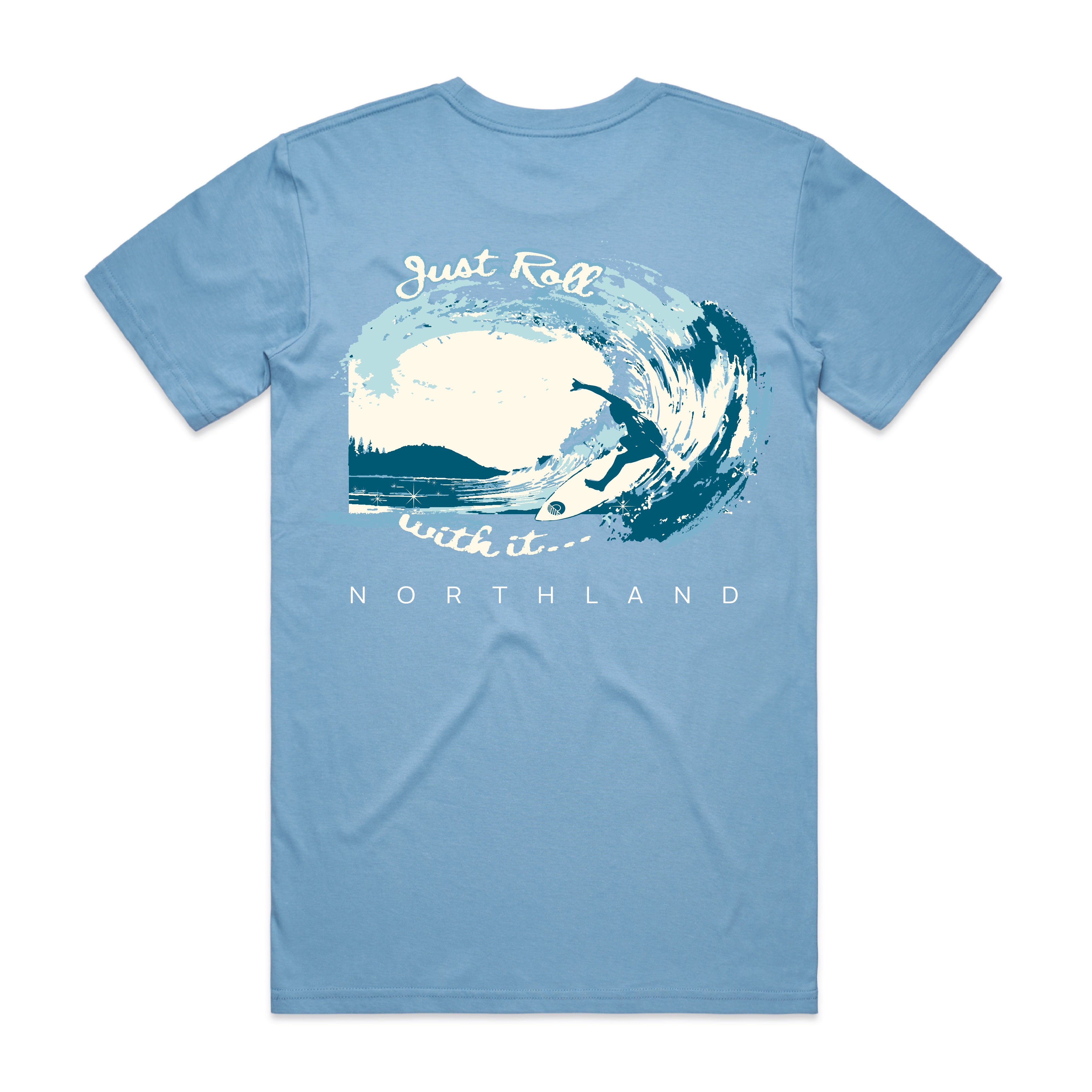 Men’s T-shirt New Zealand – ‘Just Roll With It’ Northland surf design, NZ-designed Kiwi T-shirt and wearable art by Kaleo.
