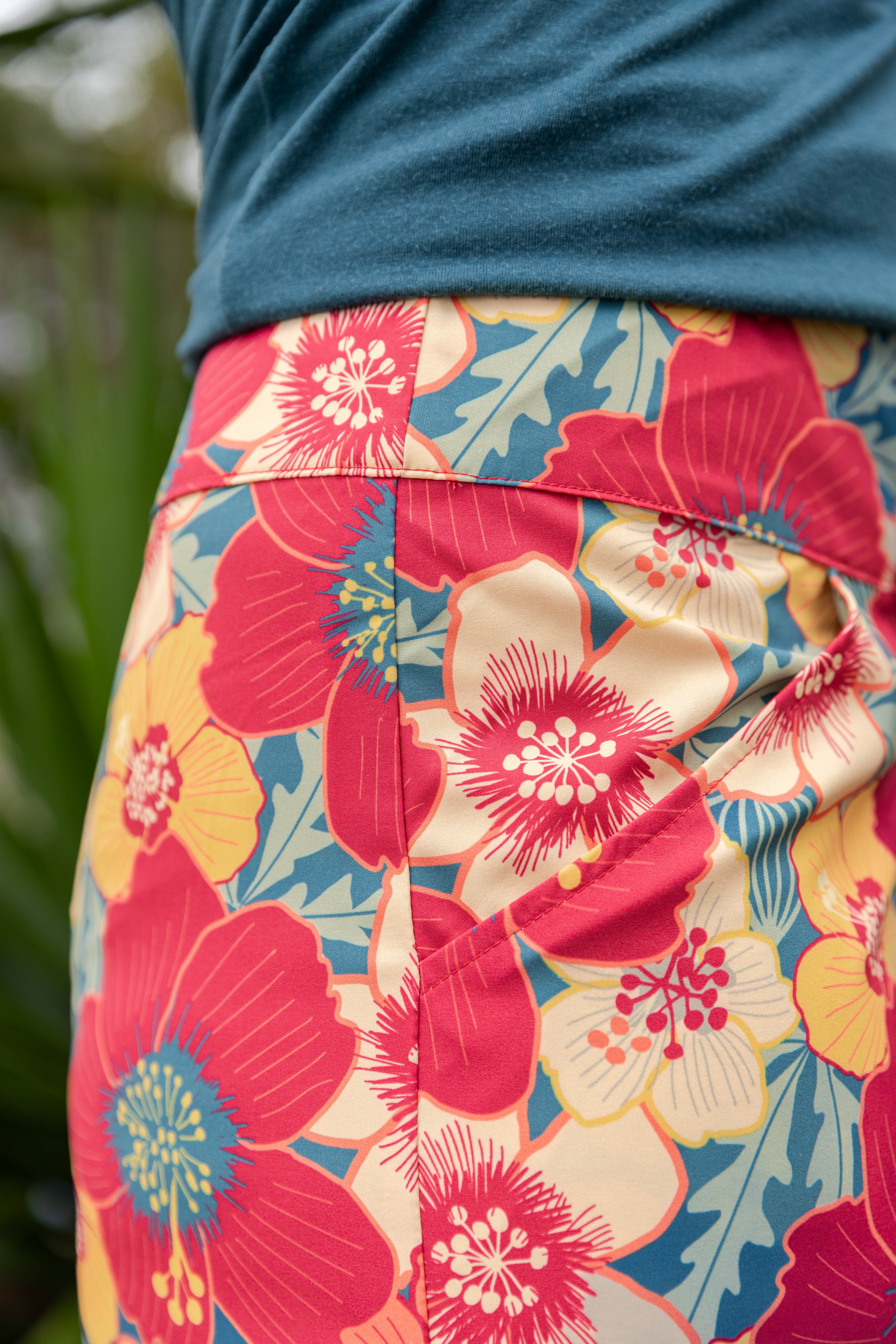 Women’s shorts New Zealand – NZ Hibiscus print, NZ-designed wearable art by Kaleo; lightweight, breathable, travel-friendly holiday clothes.