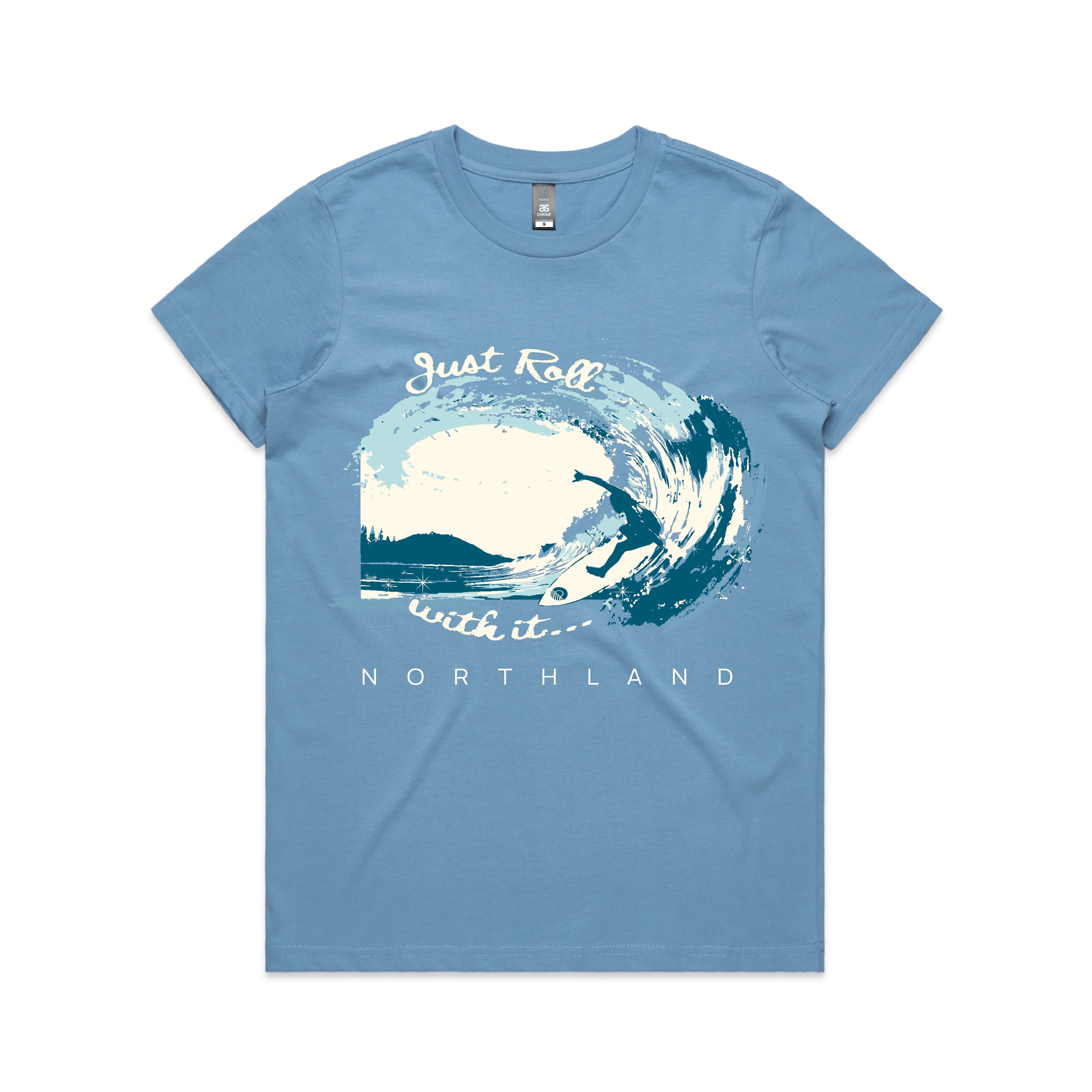 Women’s T-shirt New Zealand – ‘Just Roll With It’ Northland surf design, NZ-designed Kiwi T-shirt and wearable art by Kaleo.