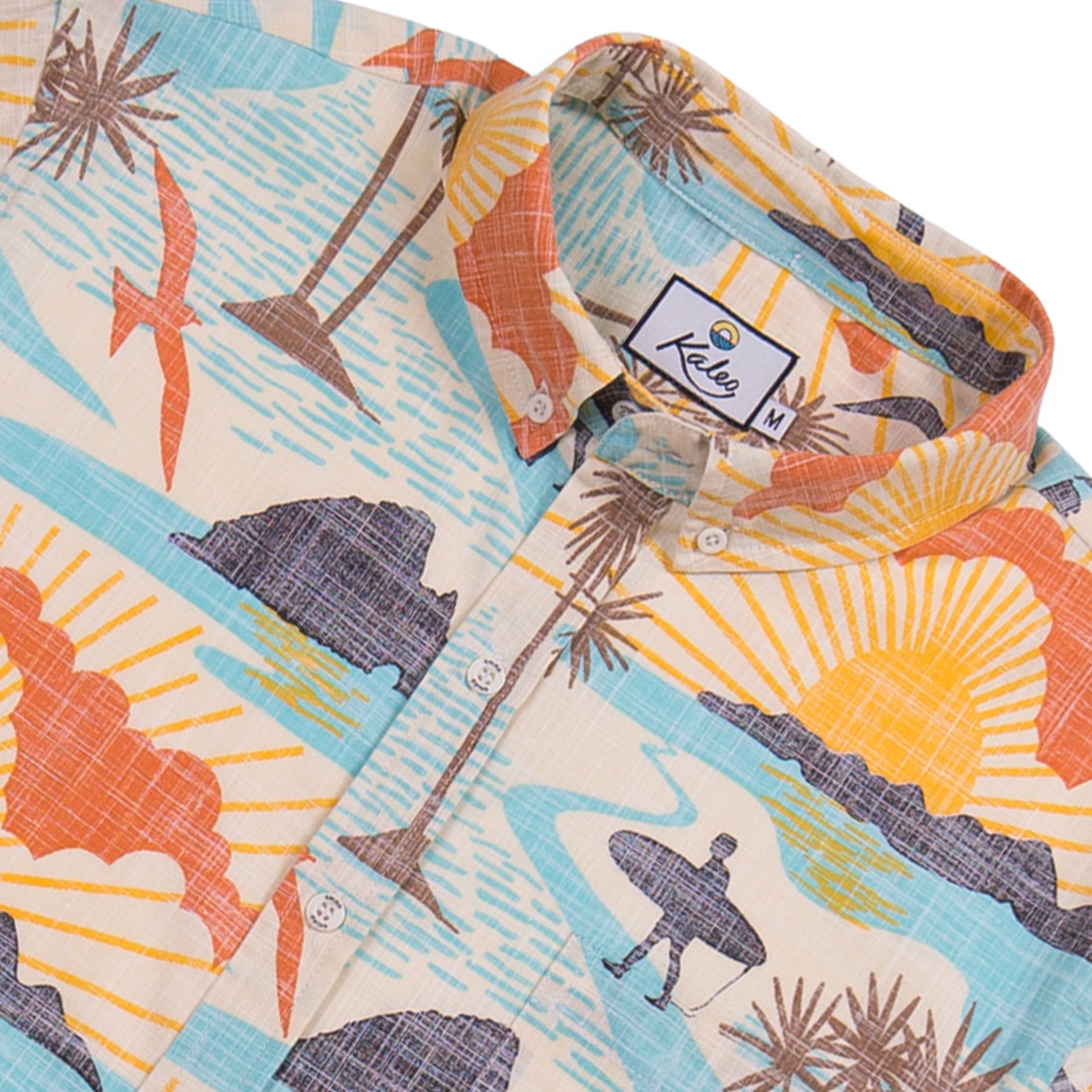Kaleo BOI Beach men’s Kiwi Classic short sleeve shirt with vibrant coastal New Zealand print, lightweight casual summer shirt.
