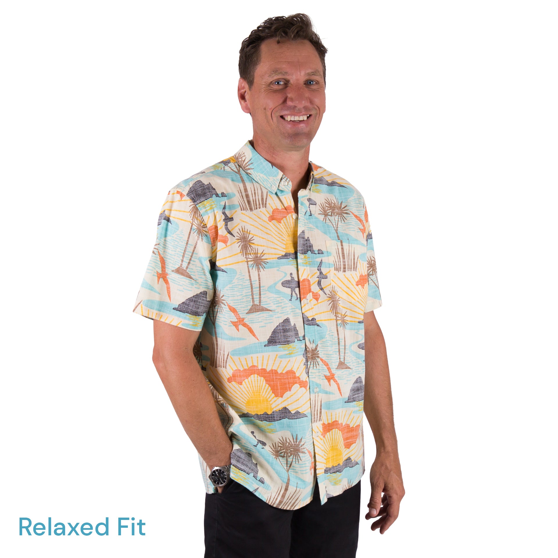 Kaleo BOI Beach men’s Kiwi Classic short sleeve shirt with vibrant coastal New Zealand print, lightweight casual summer shirt.