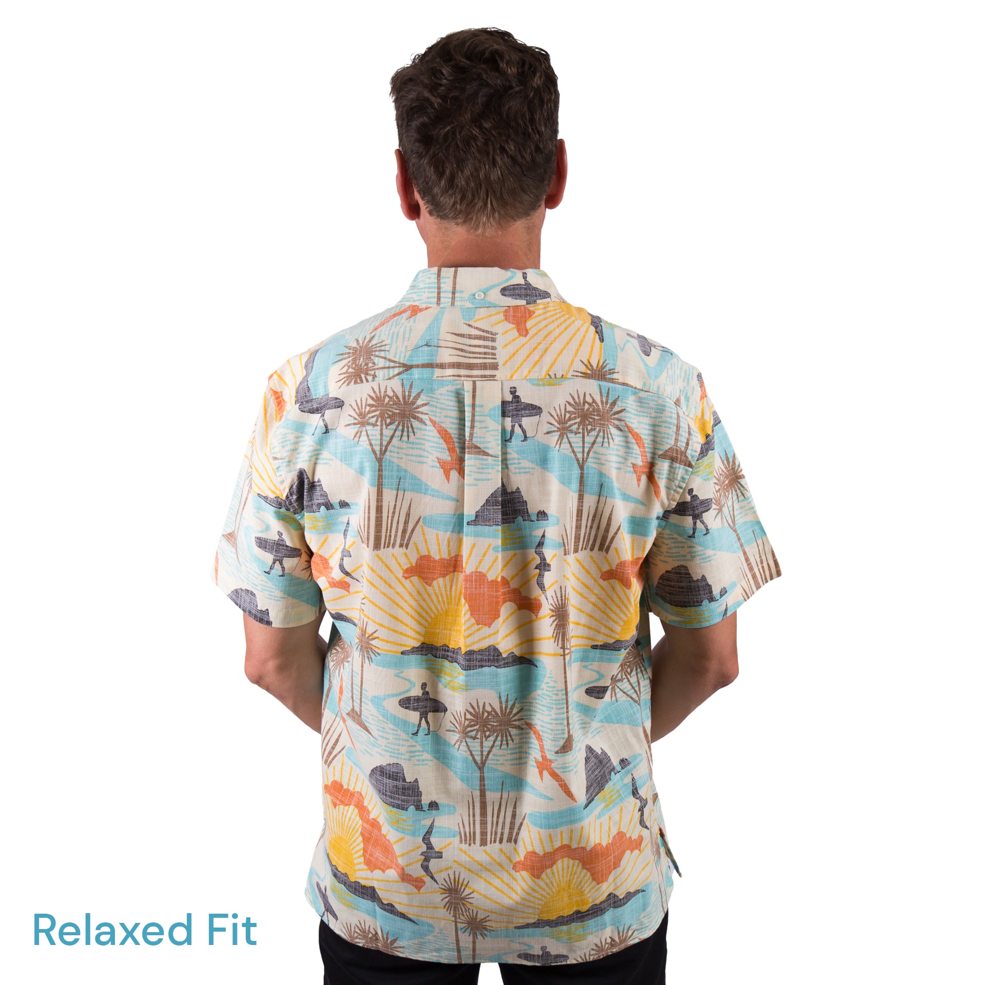 Kaleo BOI Beach men’s Kiwi Classic short sleeve shirt with vibrant coastal New Zealand print, lightweight casual summer shirt.