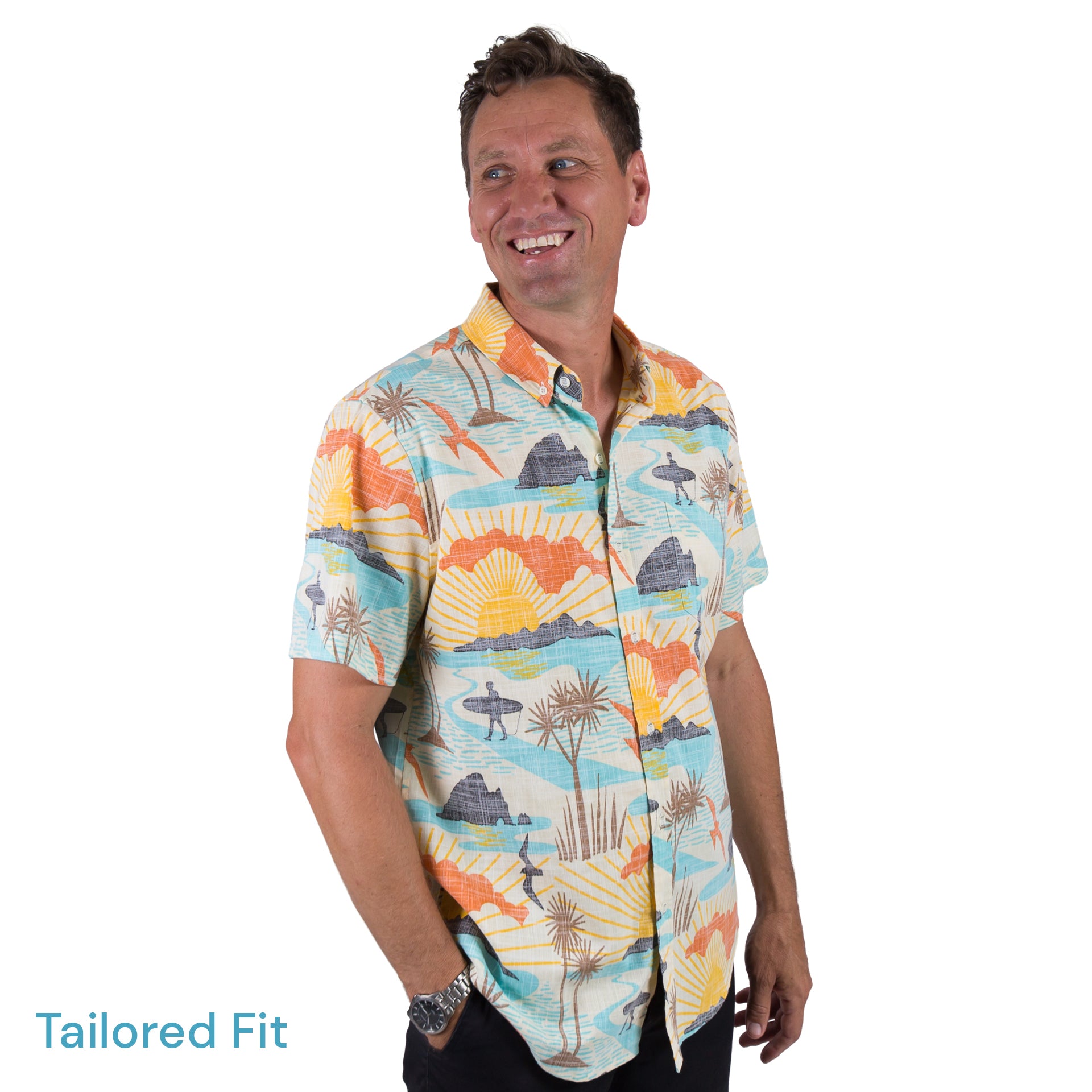 Kaleo BOI Beach men’s Kiwi Classic short sleeve shirt with vibrant coastal New Zealand print, lightweight casual summer shirt.