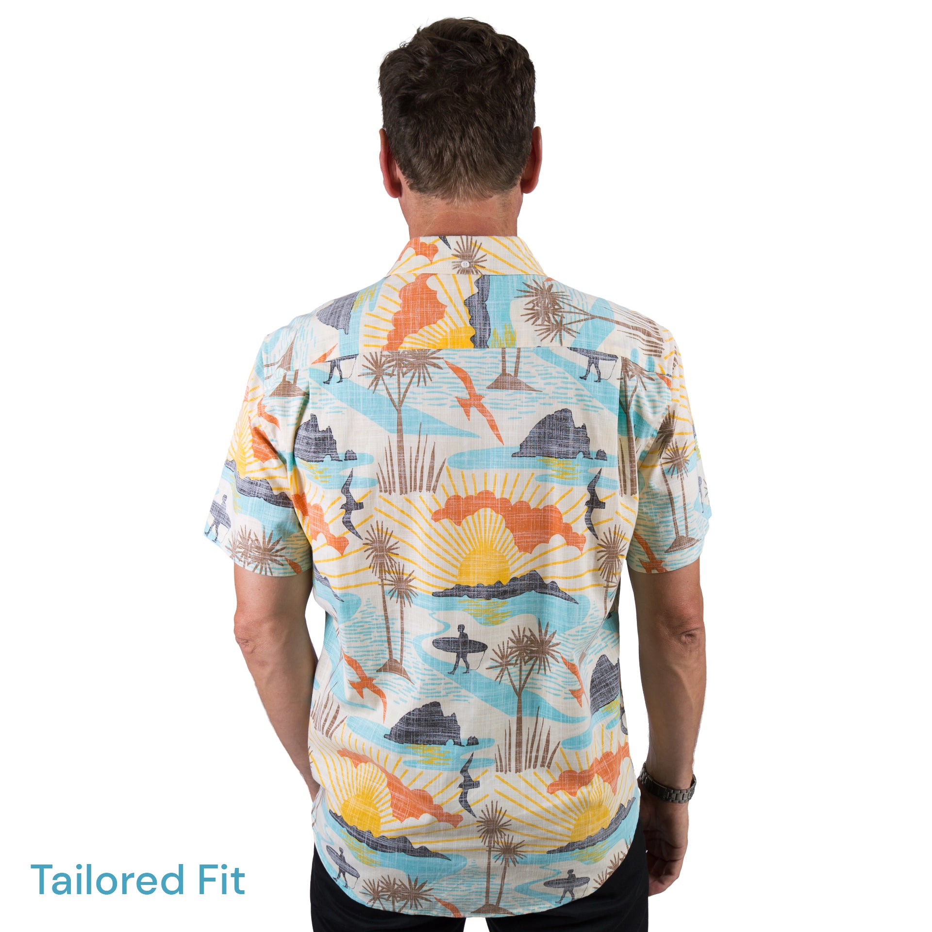 Kaleo BOI Beach men’s Kiwi Classic short sleeve shirt with vibrant coastal New Zealand print, lightweight casual summer shirt.
