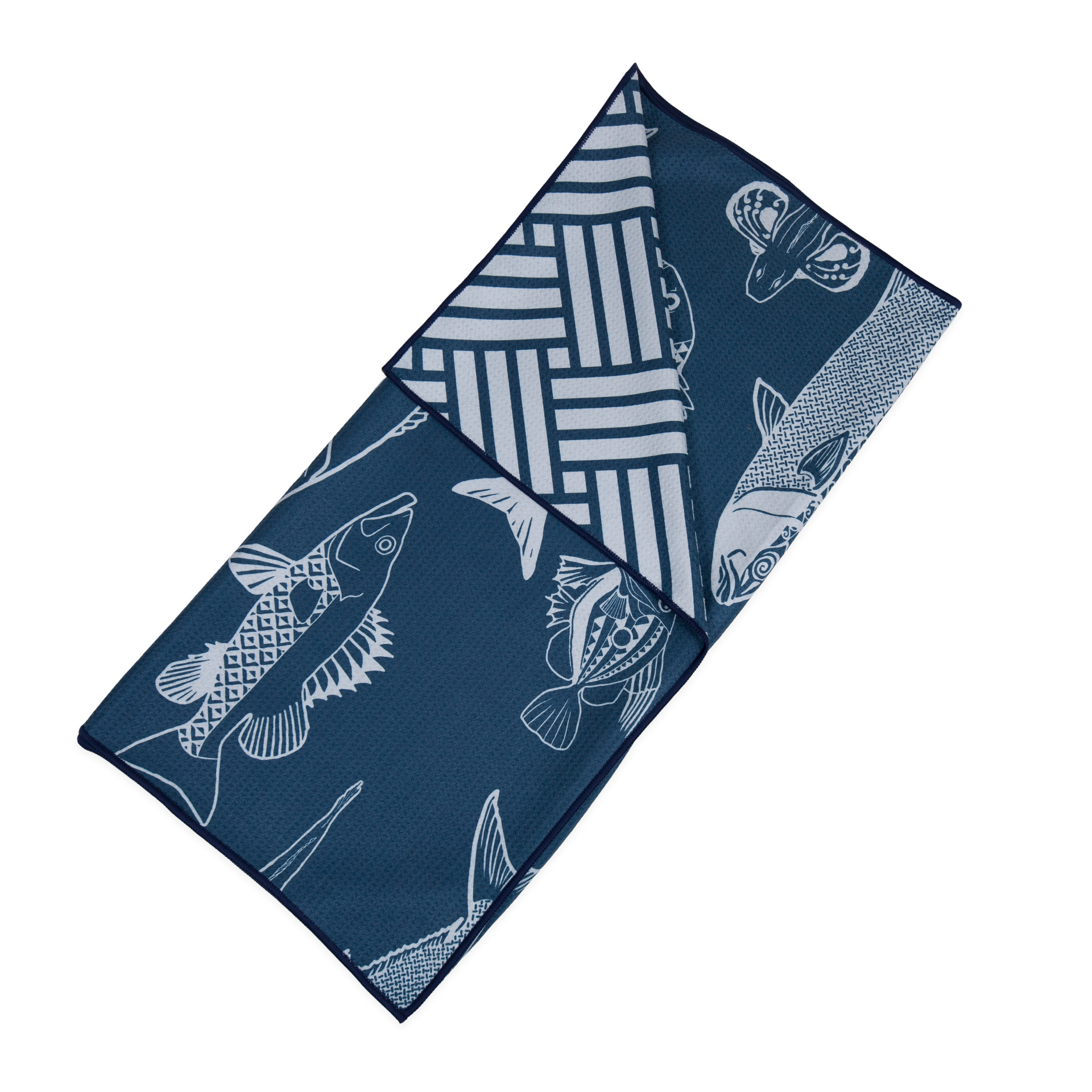 Kaleo BOI Catch beach towel featuring illustrated New Zealand fish design, coastal-inspired quick-dry towel for beach and summer use.