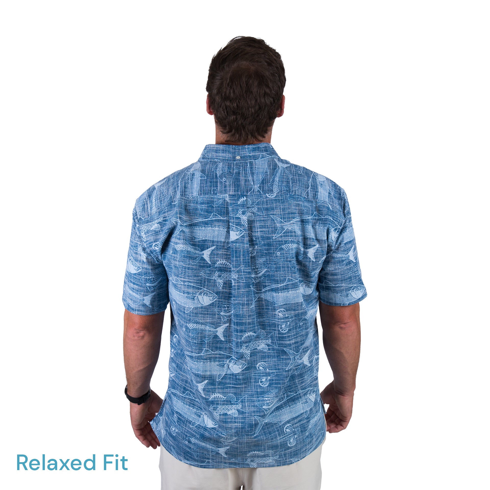 Kaleo BOI Catch Kiwi Classic men’s short sleeve shirt with Bay of Islands inspired fish print, lightweight breathable coastal New Zealand summer shirt.