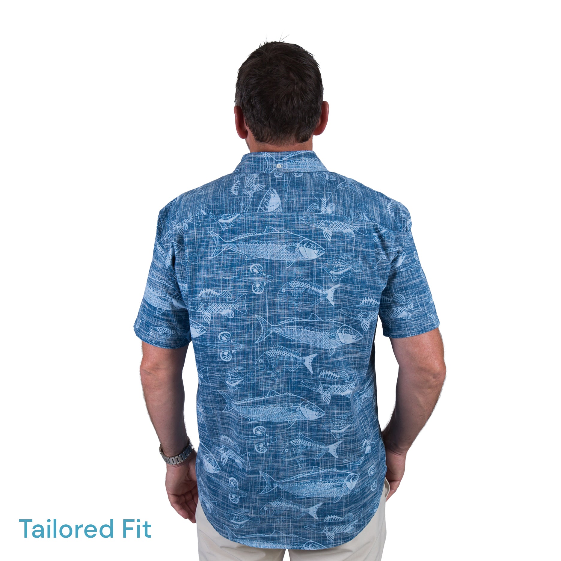 Kaleo BOI Catch Kiwi Classic men’s short sleeve shirt with Bay of Islands inspired fish print, lightweight breathable coastal New Zealand summer shirt.