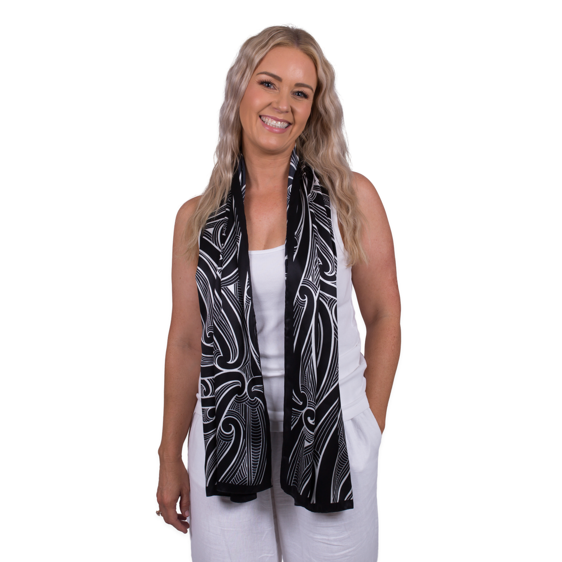 Kaleo Kowhaiwhai 100% silk scarf in black and white Māori-inspired design, premium New Zealand accessory for elegant coastal style.