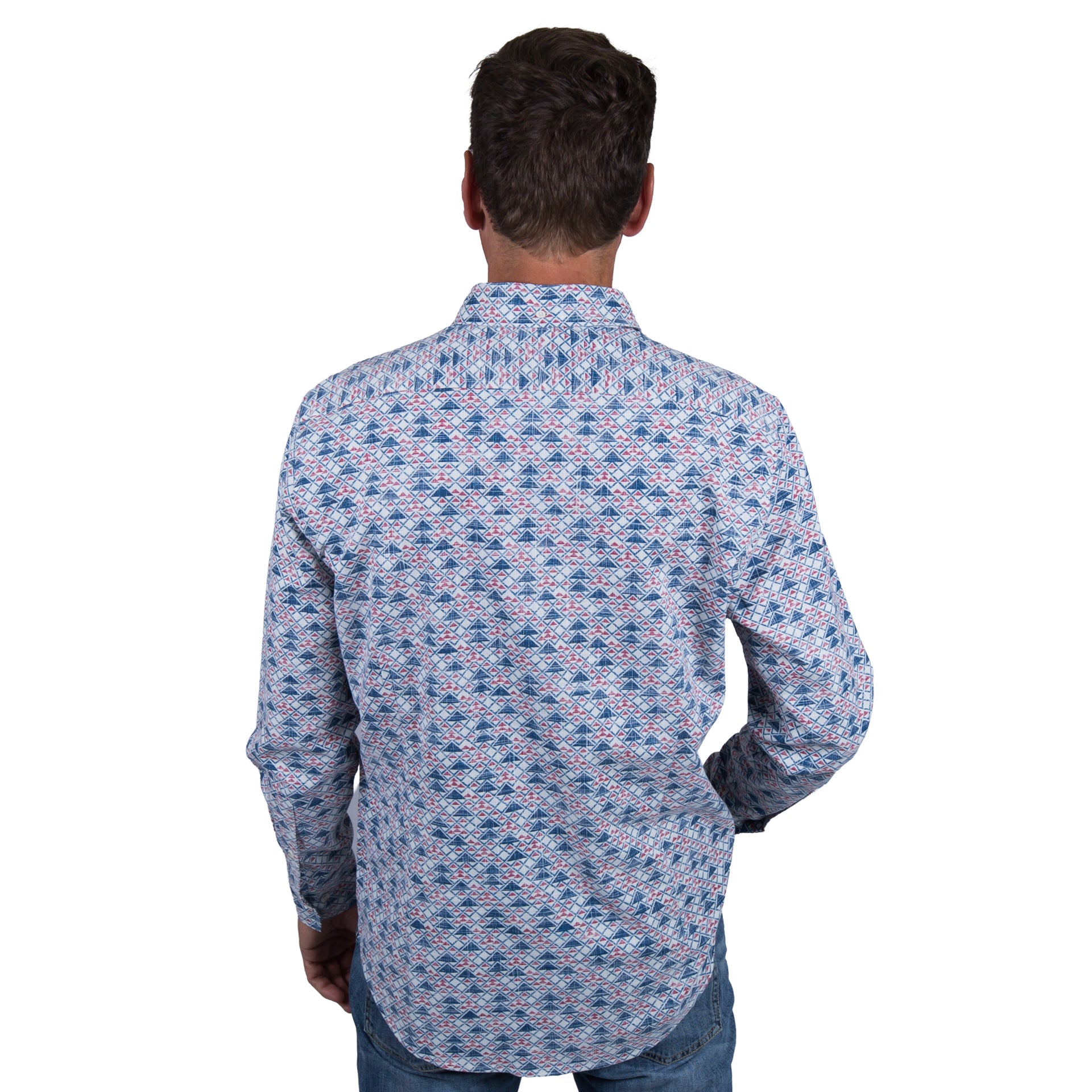 Kaleo Coastal Peaks men’s long sleeve shirt, premium cotton button-up with coastal-inspired geometric print, stylish Kiwi classic shirt for coastal living.