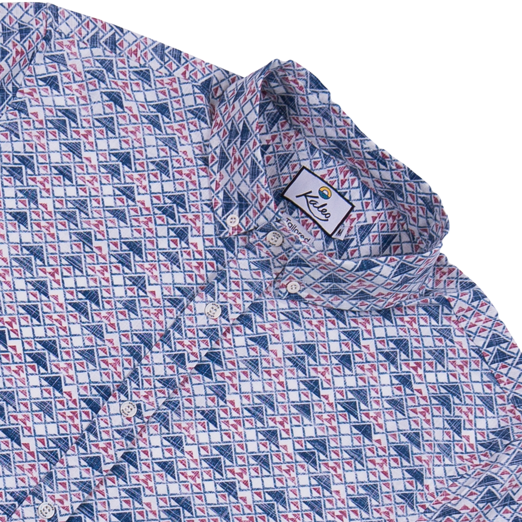 Kaleo Coastal Peaks men’s long sleeve shirt, premium cotton button-up with coastal-inspired geometric print, stylish Kiwi classic shirt for coastal living.