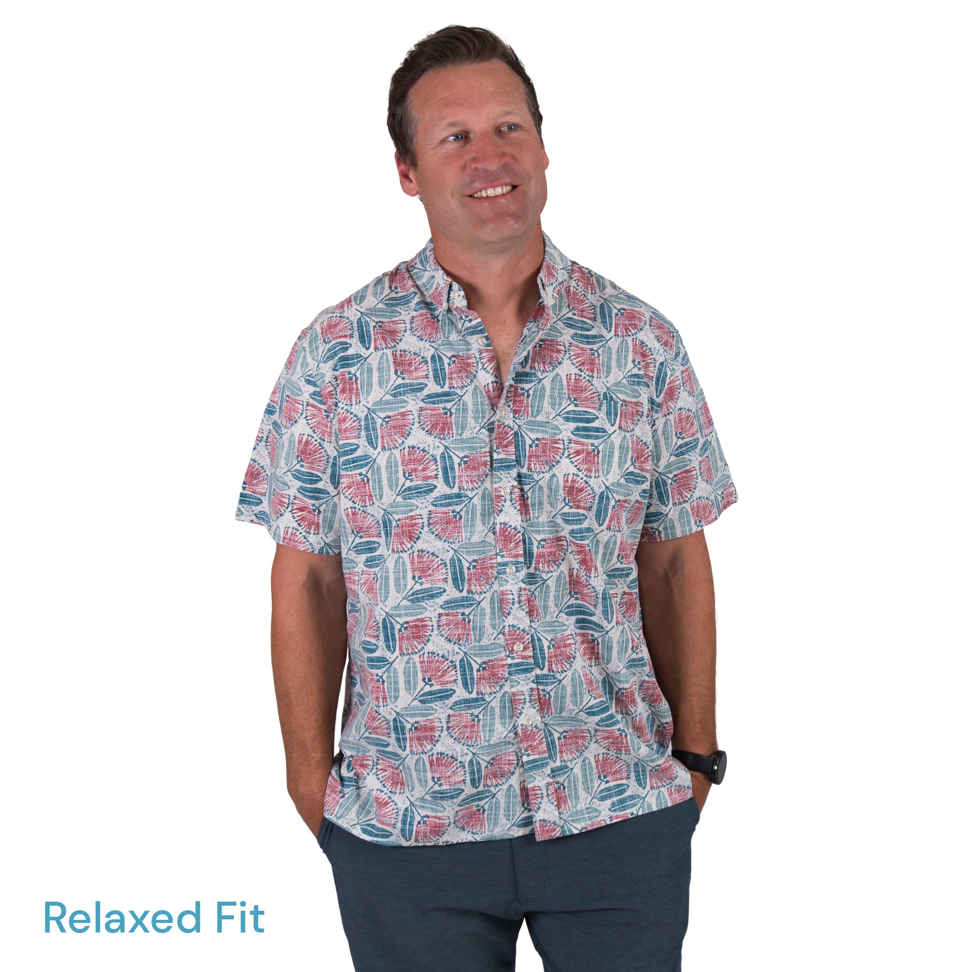 Kaleo Pohutukawa in Bloom men’s Kiwi Classic short sleeve shirt, featuring red and green pohutukawa floral print, New Zealand summer fashion.
