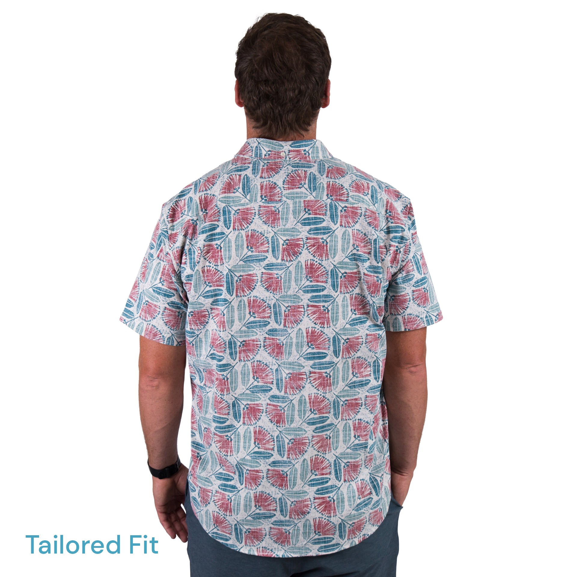 Kaleo Pohutukawa in Bloom men’s Kiwi Classic short sleeve shirt, featuring red and green pohutukawa floral print, New Zealand summer fashion.