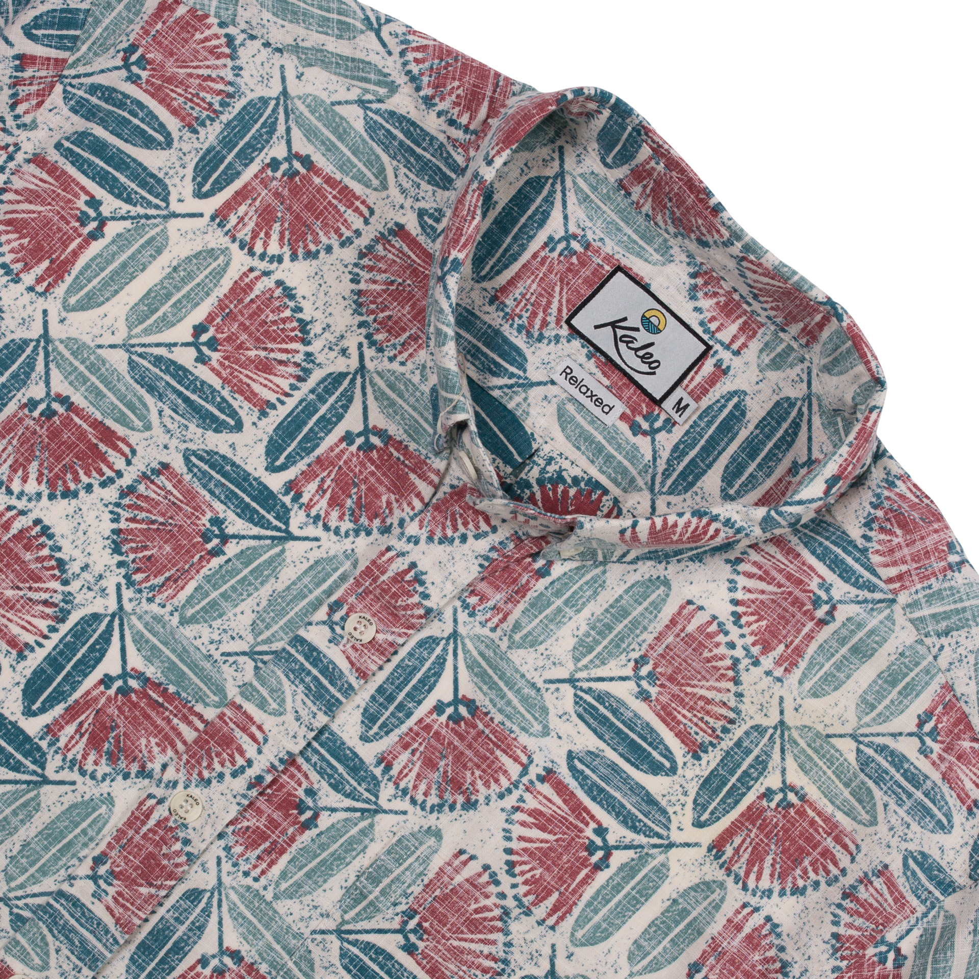 Kaleo Pohutukawa in Bloom men’s Kiwi Classic short sleeve shirt, featuring red and green pohutukawa floral print, New Zealand summer fashion.