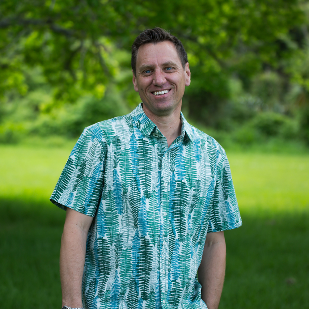 Kaleo Piupiu Fern men’s Kiwi Classic short sleeve shirt in green and blue fern print, lightweight button-up summer shirt from New Zealand.