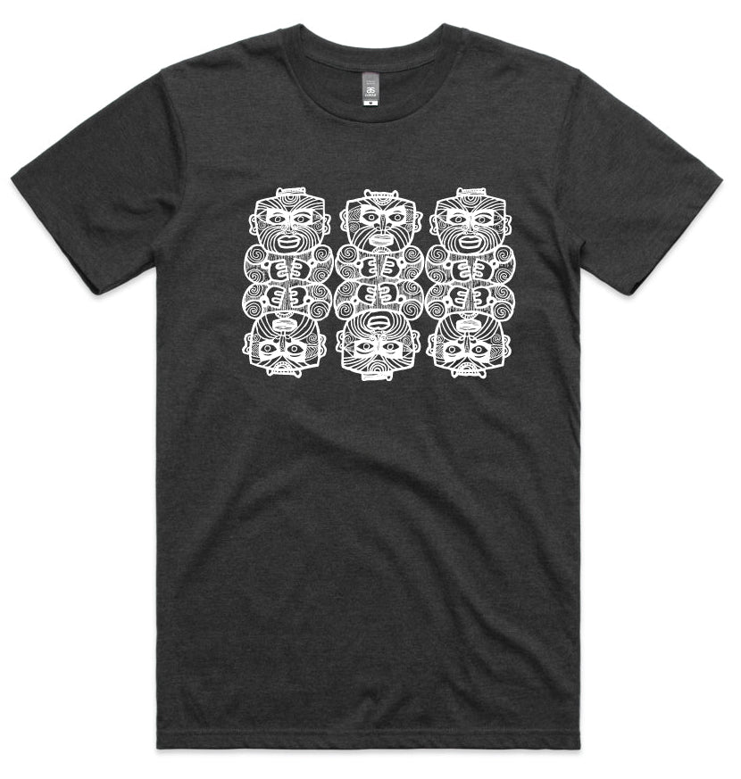 Black and white tee shirt with tiki design