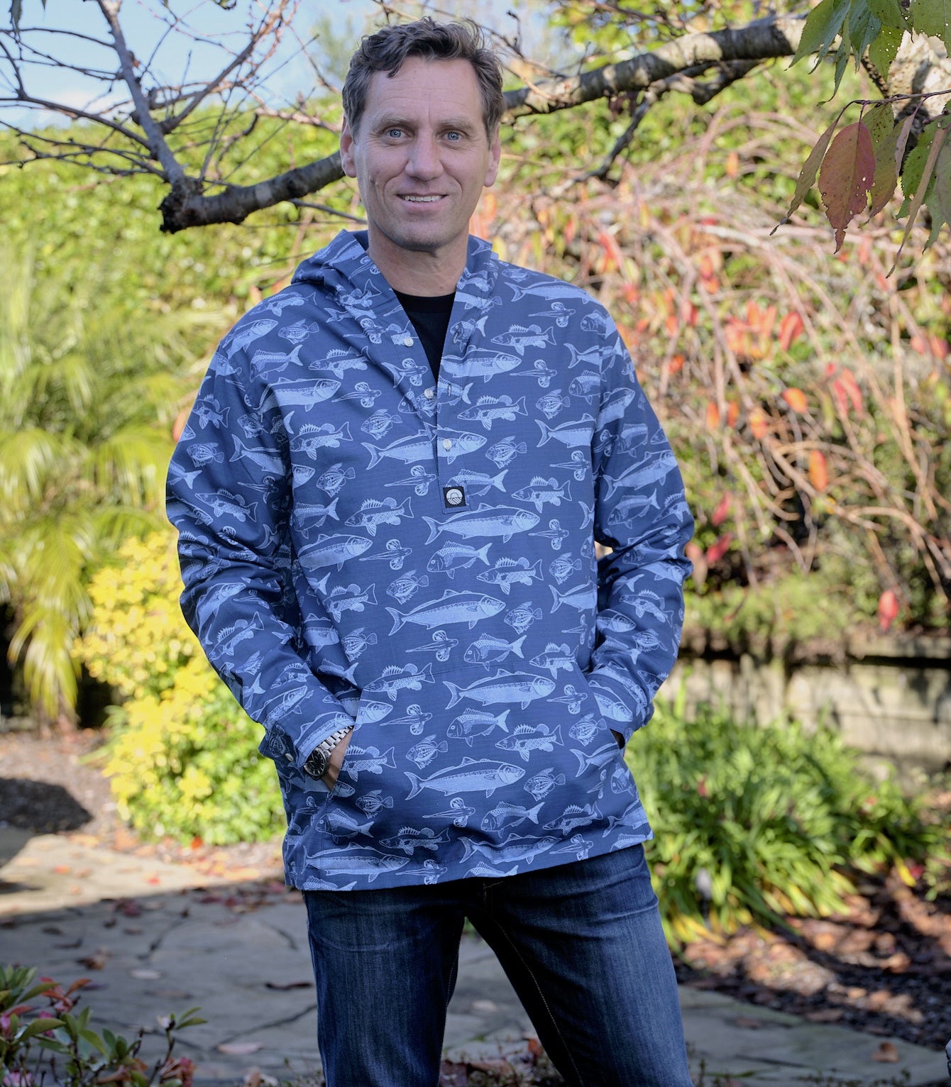 Men’s Fish BOI cotton ripstop pullover with Bay of Islands fish print – durable lightweight jacket by Kaleo NZ