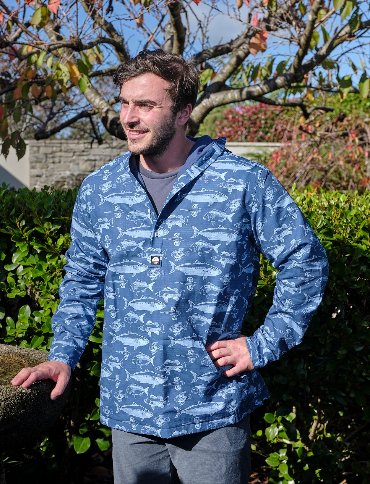 Men’s Fish BOI cotton ripstop pullover with Bay of Islands fish print – durable lightweight jacket by Kaleo NZ