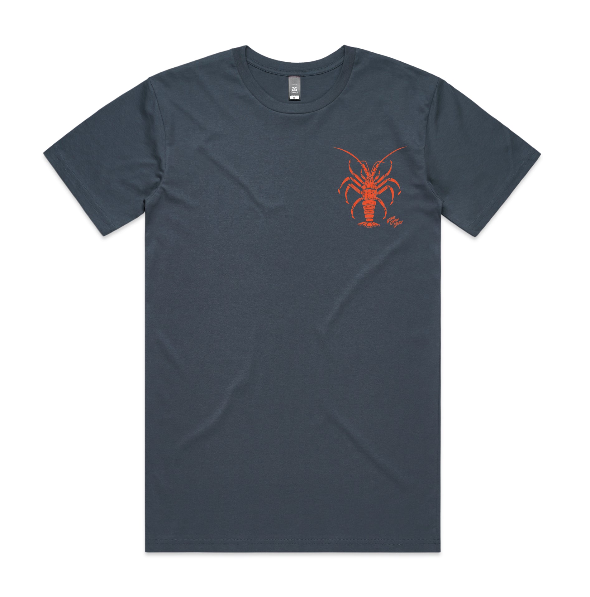 Men’s charcoal t-shirt with bold orange crayfish graphic and ‘Gone Cray Cray’ text – fun New Zealand seafood inspired tee
