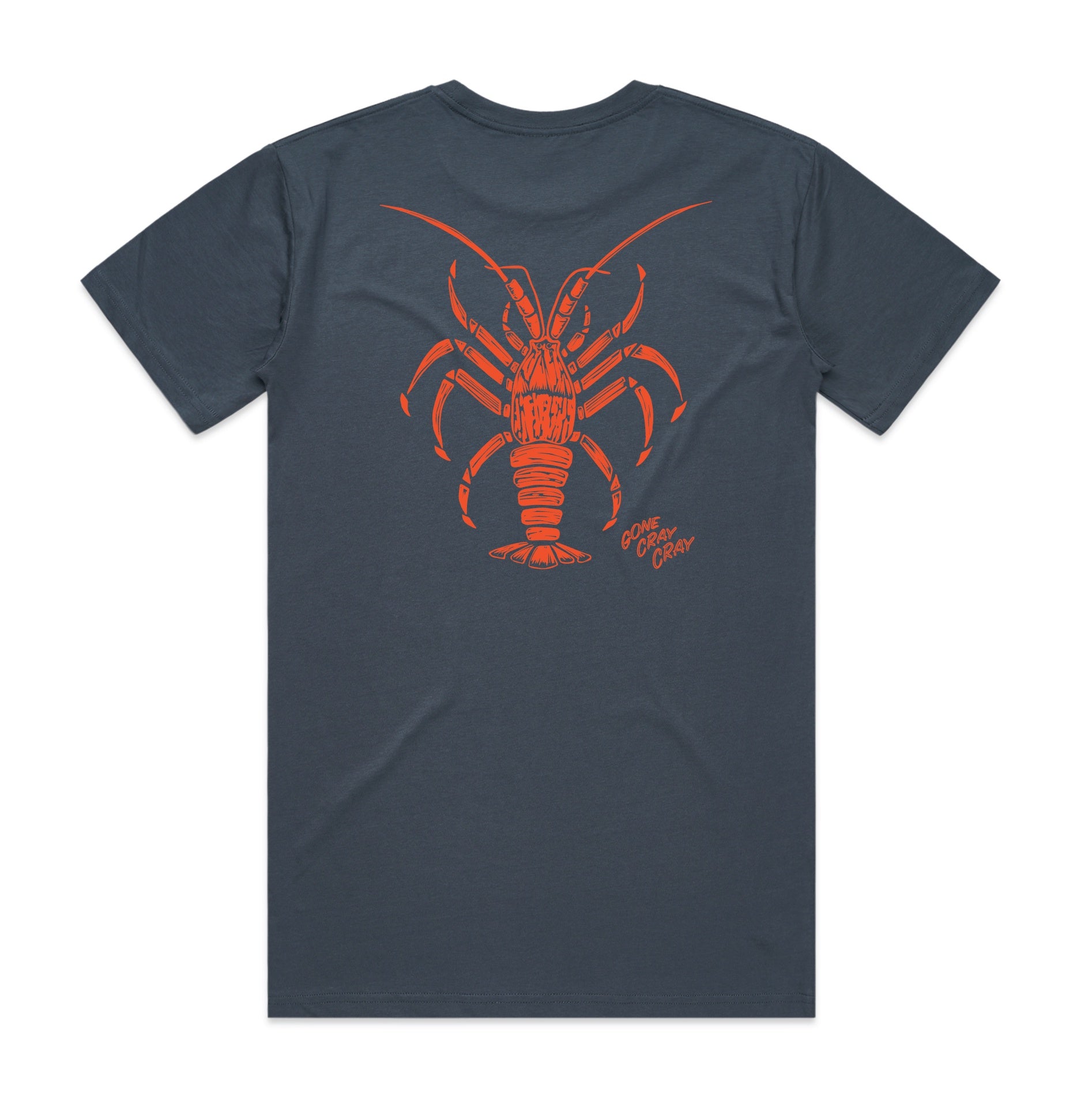 Men’s charcoal t-shirt with bold orange crayfish graphic and ‘Gone Cray Cray’ text – fun New Zealand seafood inspired tee