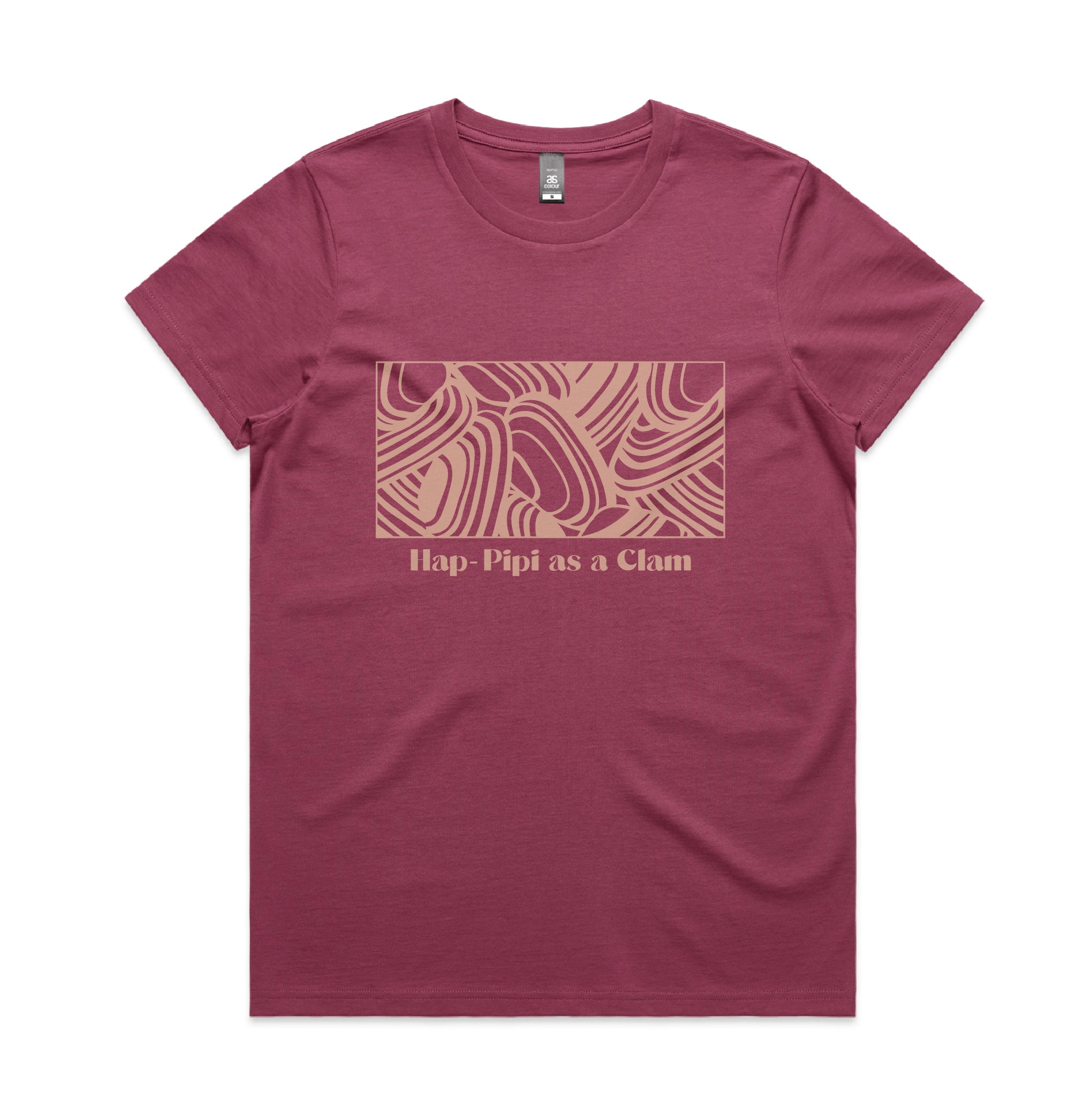 Women’s rose pink t-shirt with pipi shell print and fun slogan ‘Hap-Pipi as a Clam’ – playful New Zealand inspired graphic tee