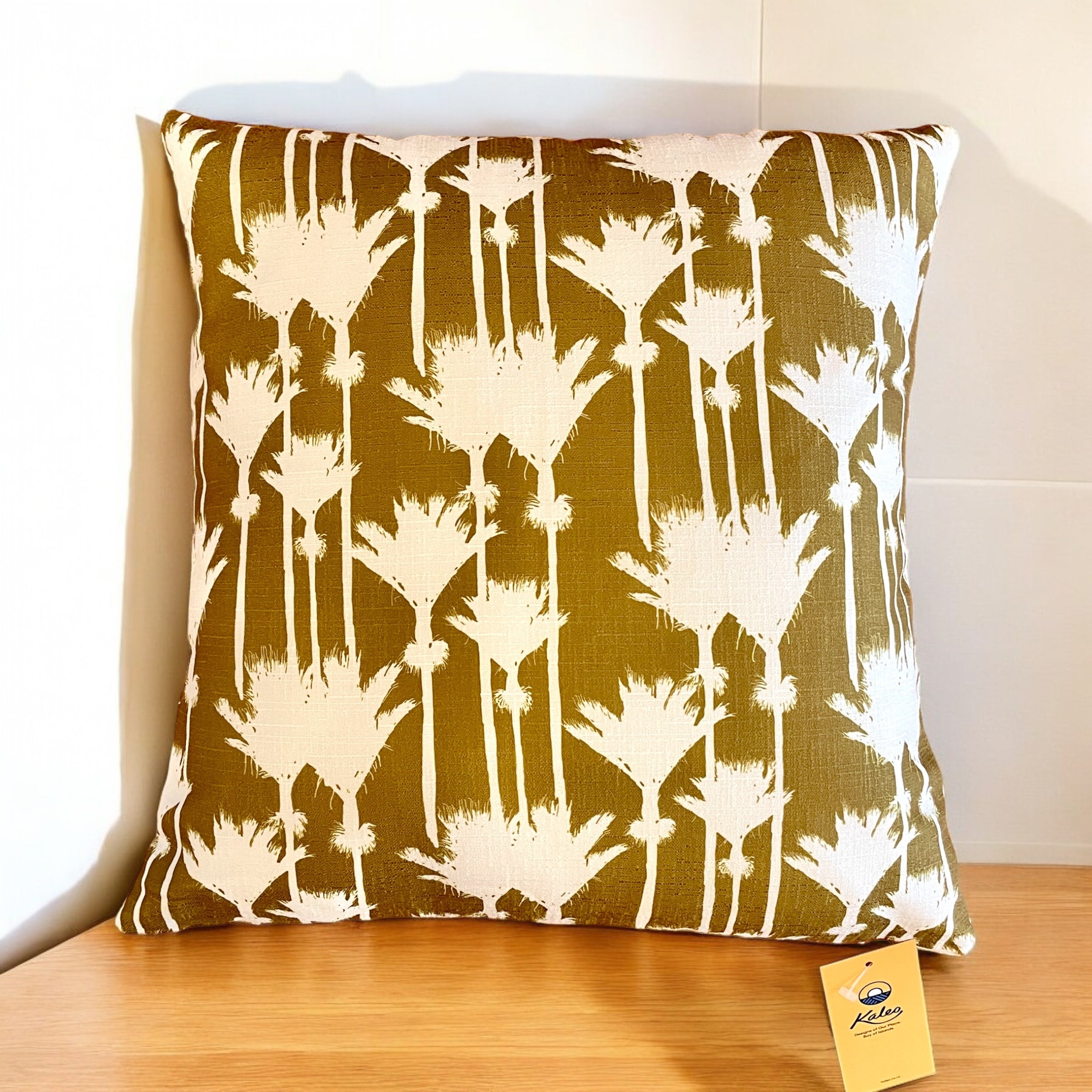 Gold Nikau Palm cushion cover – NZ designed home décor inspired by native New Zealand trees, stylish Kiwi gift and bach accessory by Kaleo.