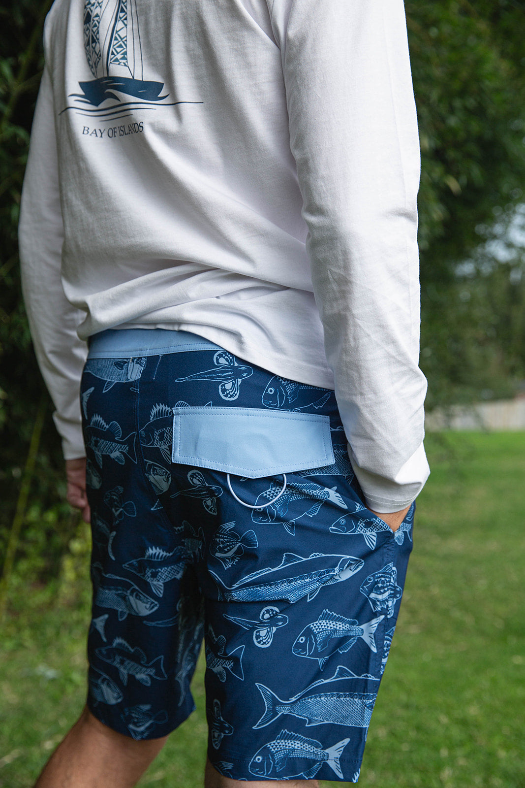 Kaleo BOI Catch Men’s Fish Boardshorts featuring Bay of Islands inspired fish print, durable quick-dry swim shorts perfect for NZ summer, surfing, and fishing