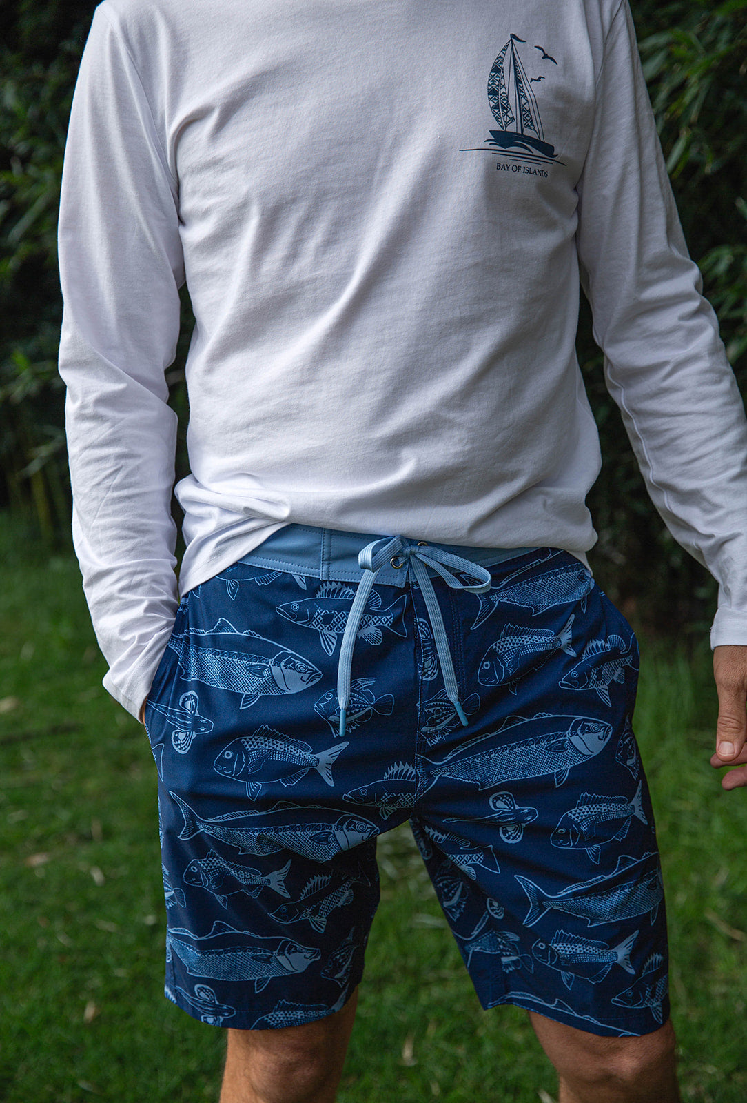 Kaleo BOI Catch Men’s Fish Boardshorts featuring Bay of Islands inspired fish print, durable quick-dry swim shorts perfect for NZ summer, surfing, and fishing