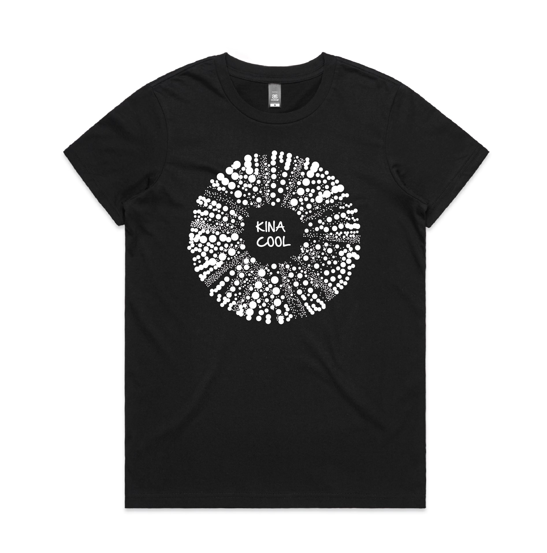Kaleo Kina Cool women’s black tee featuring white kina sea urchin print, New Zealand inspired coastal lifestyle t-shirt