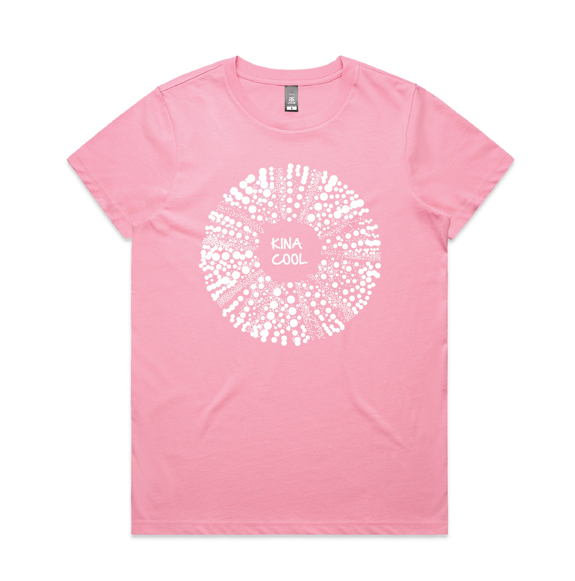 Kaleo Kina Cool women’s pink tee featuring white kina sea urchin print, New Zealand inspired coastal lifestyle t-shirt