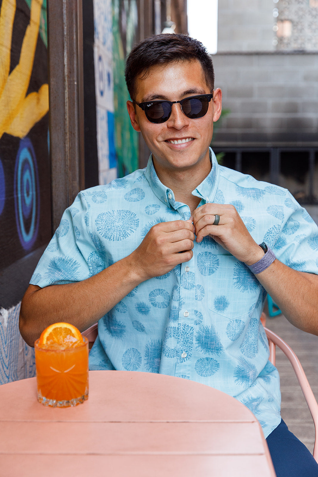 Kaleo Kina Cool men’s Kiwi Classic short sleeve shirt in aqua blue with kina sea urchin print, lightweight summer button-up shirt from New Zealand.