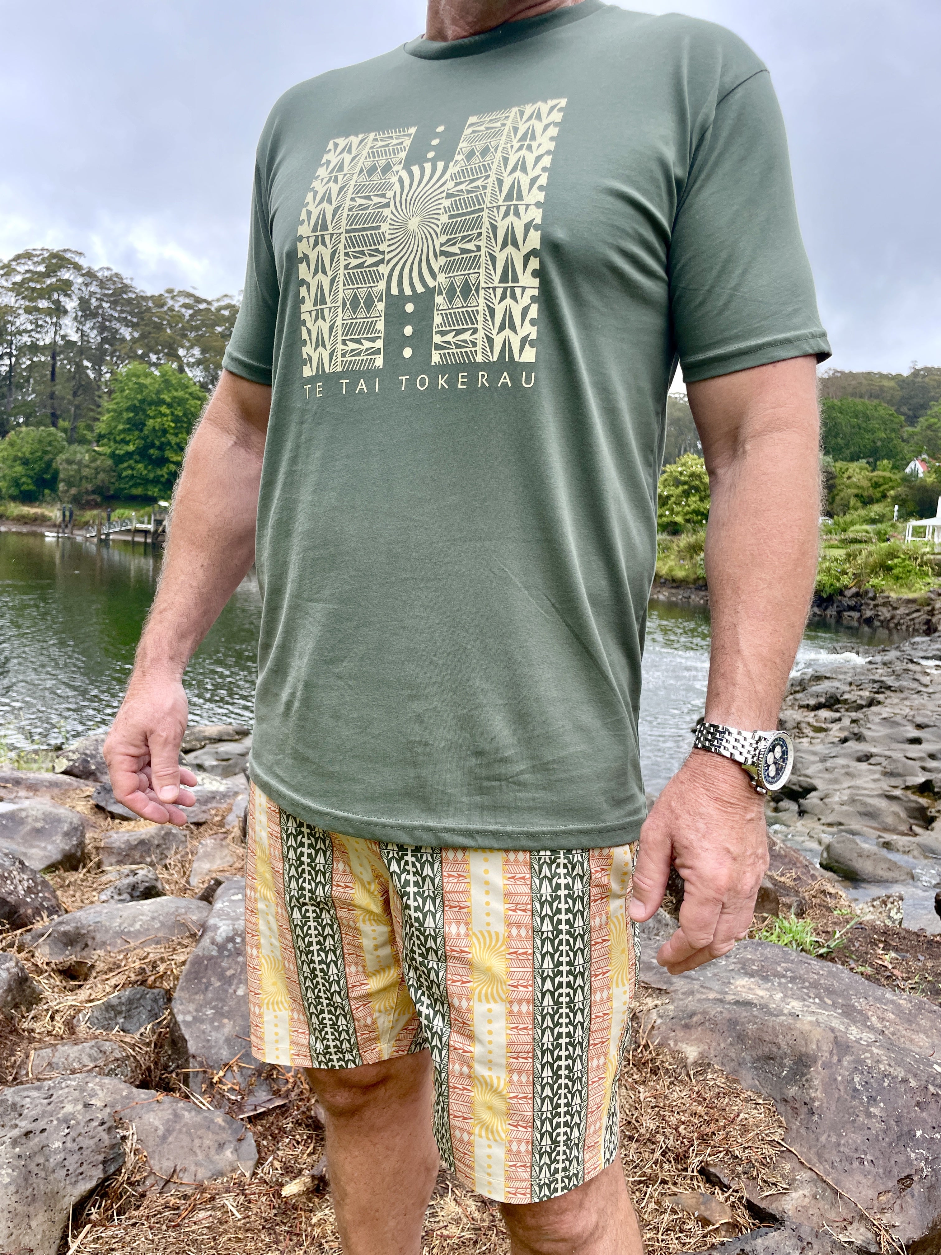 Men’s board shorts New Zealand – Whitinga O Te Rā print, NZ-designed beachwear by Kaleo. Lightweight, quick-dry, travel-friendly holiday clothing