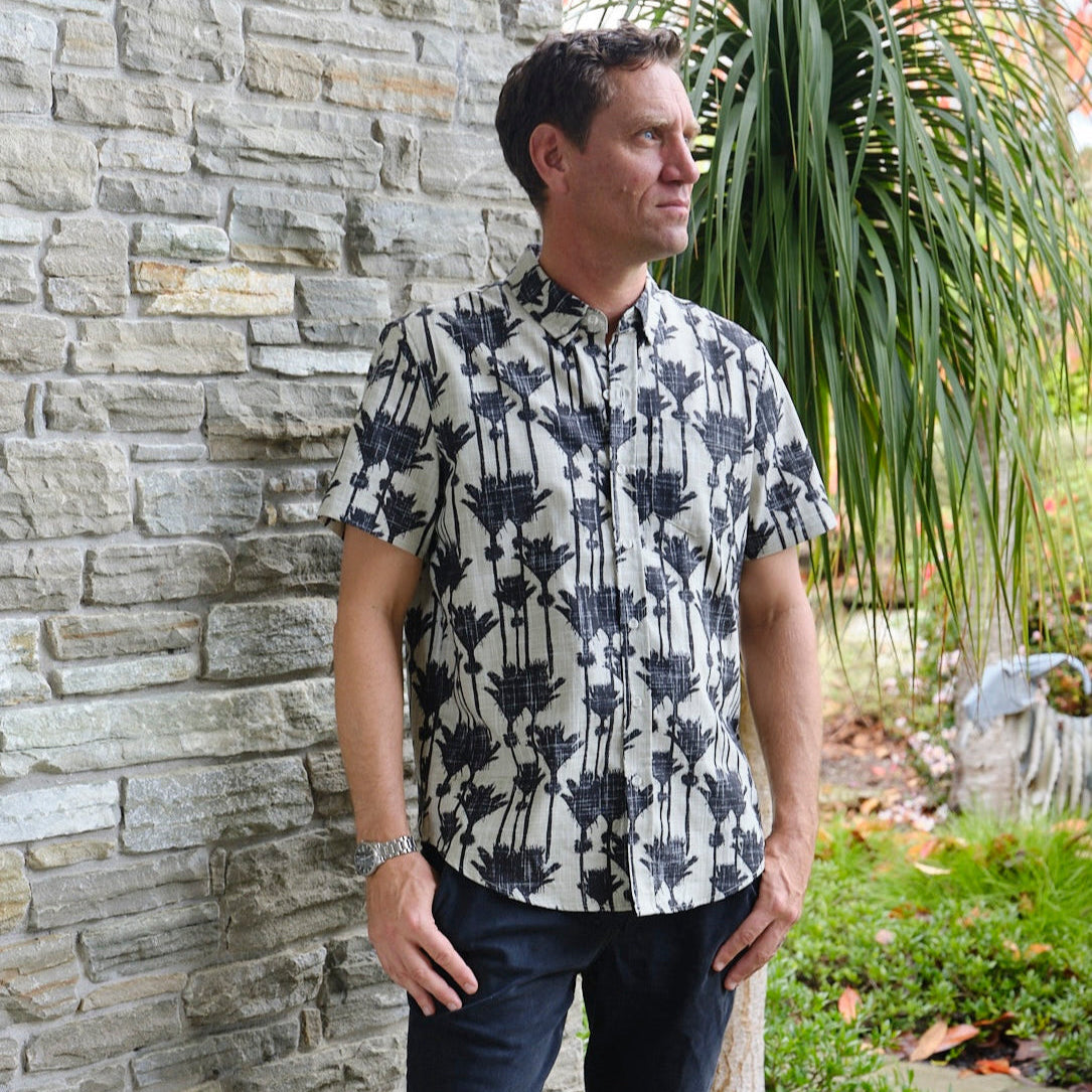 Men’s Kiwi Classic short sleeve shirt with Nikau Palm print – premium quality New Zealand menswear featuring original NZ designs by Kaleo, smart casual style