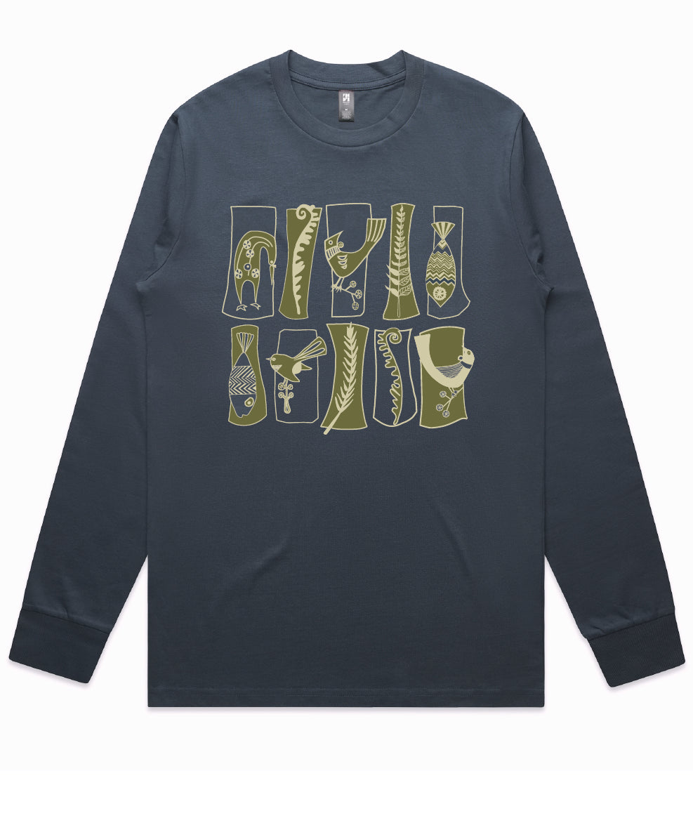Men’s long-sleeve T-shirt New Zealand – Mid-Century Kiwiana print with native birds, fern and fish; NZ-designed Kiwi tee and wearable art by Kaleo