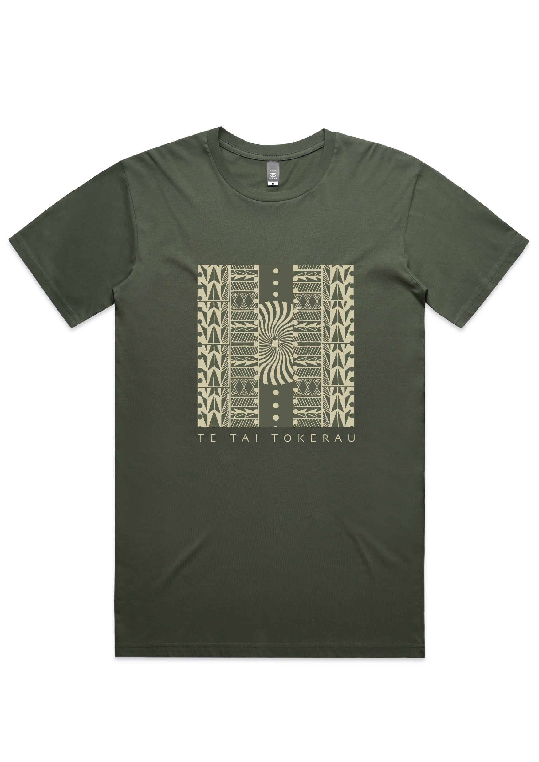 Men’s T-shirt New Zealand – Te Tai Tokerau design in cypress green, NZ-designed Kiwi T-shirt with Māori-inspired artwork by Kaleo; premium wearable art.