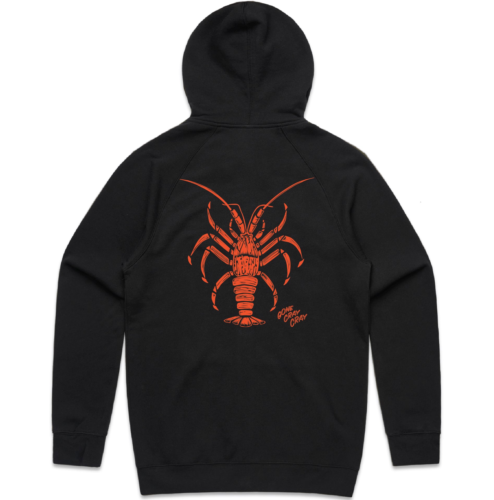 Men’s hoodie New Zealand – ‘Gone Cray Cray’ zip hoodie with crayfish back print, NZ-designed Kiwi apparel by Kaleo; premium sweatshirt, wearable NZ art.