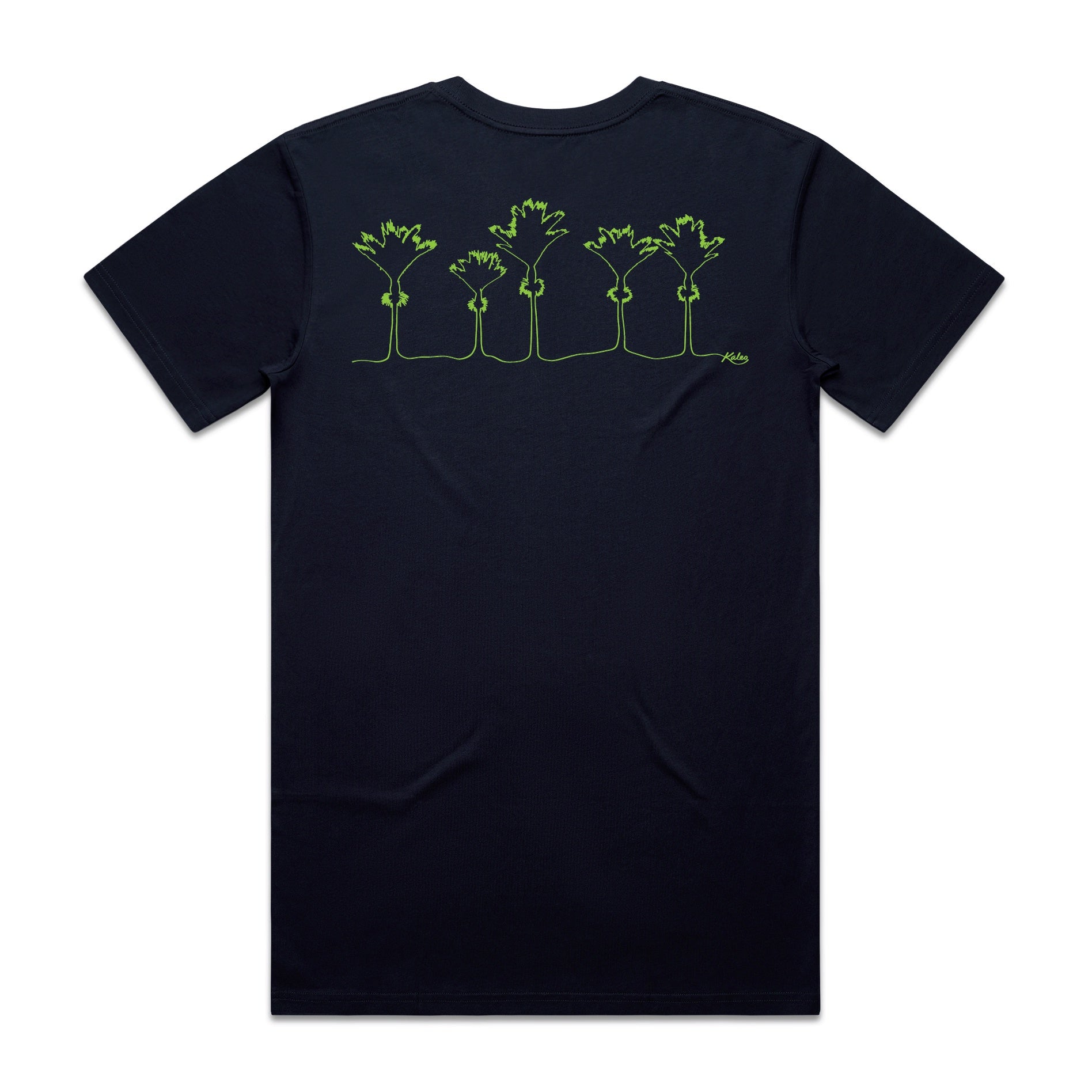 Men’s black t-shirt with neon green Nikau palm tree line art – modern New Zealand inspired casual tee