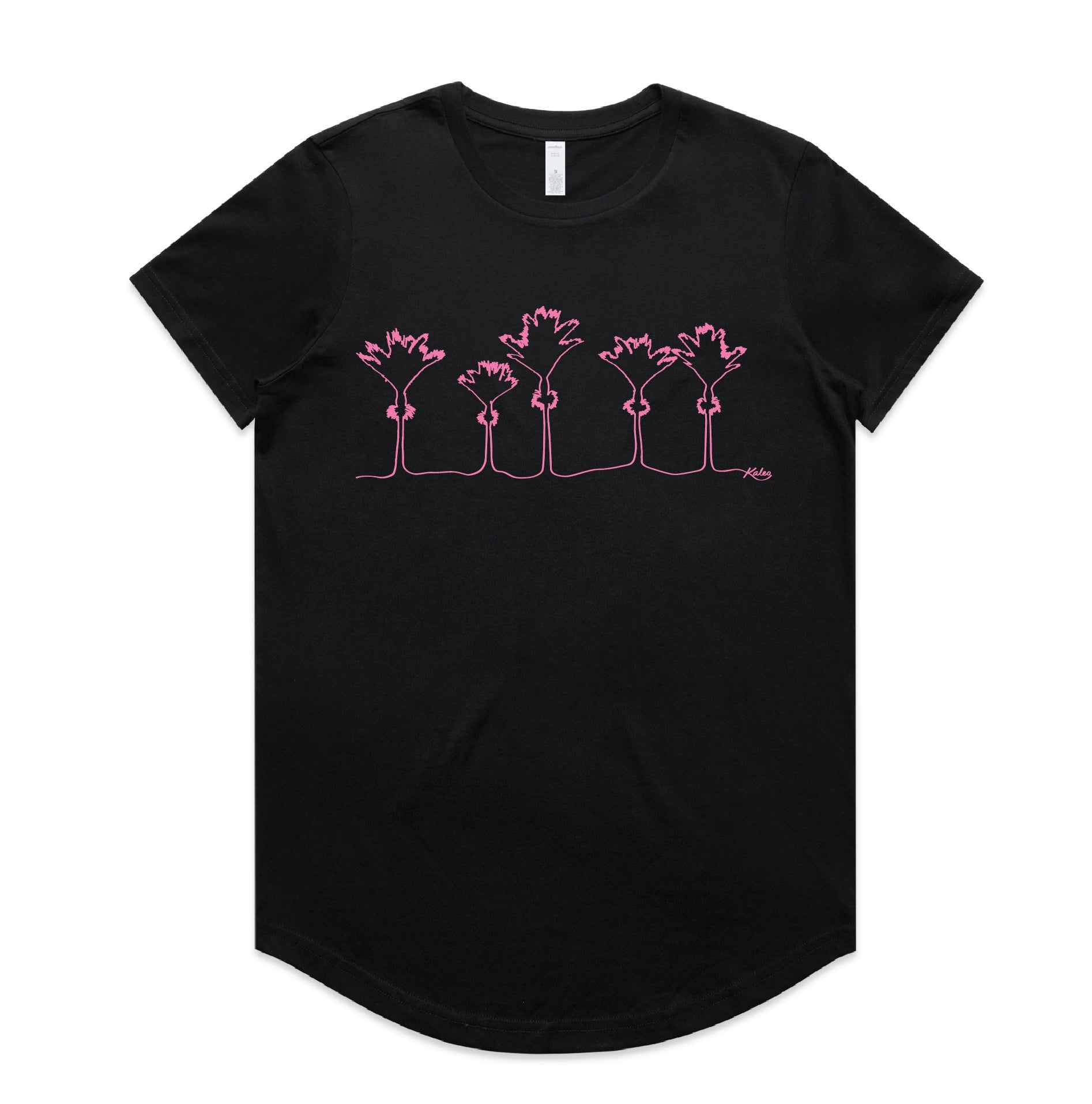 Women’s black t-shirt with neon pink Nikau palm tree line art – modern New Zealand inspired casual tee