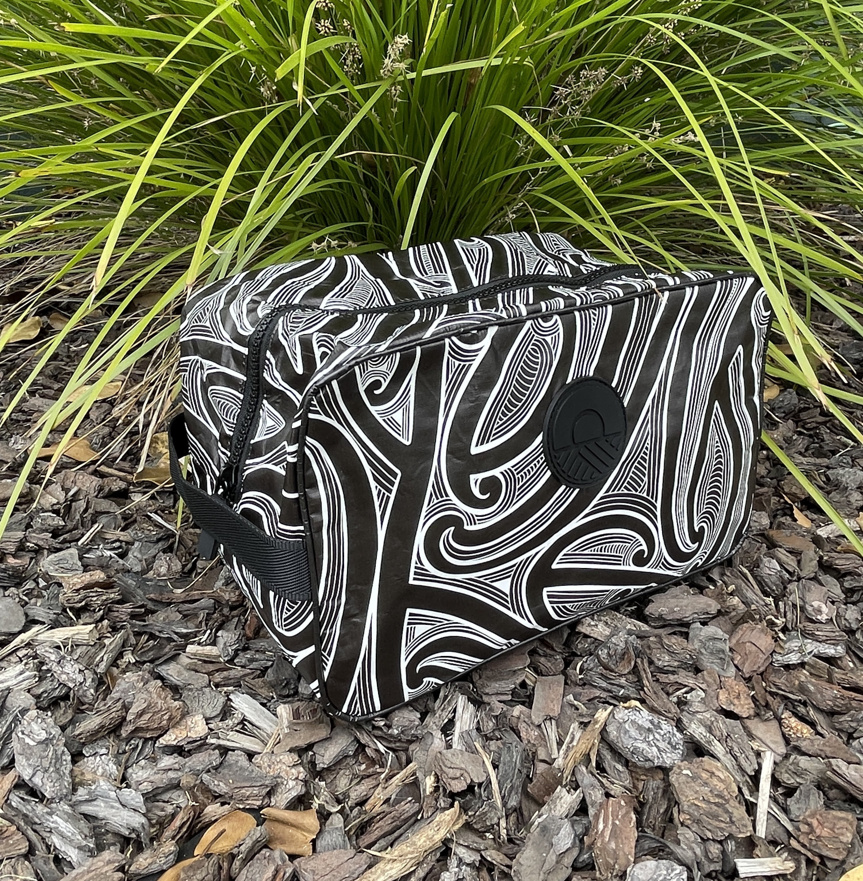 Accessories NZ – splashproof Dopp kit with Kōwhaiwhai Māori-inspired print, NZ-designed travel toiletry bag by Kaleo; unique Kiwi gift / New Zealand souvenir.