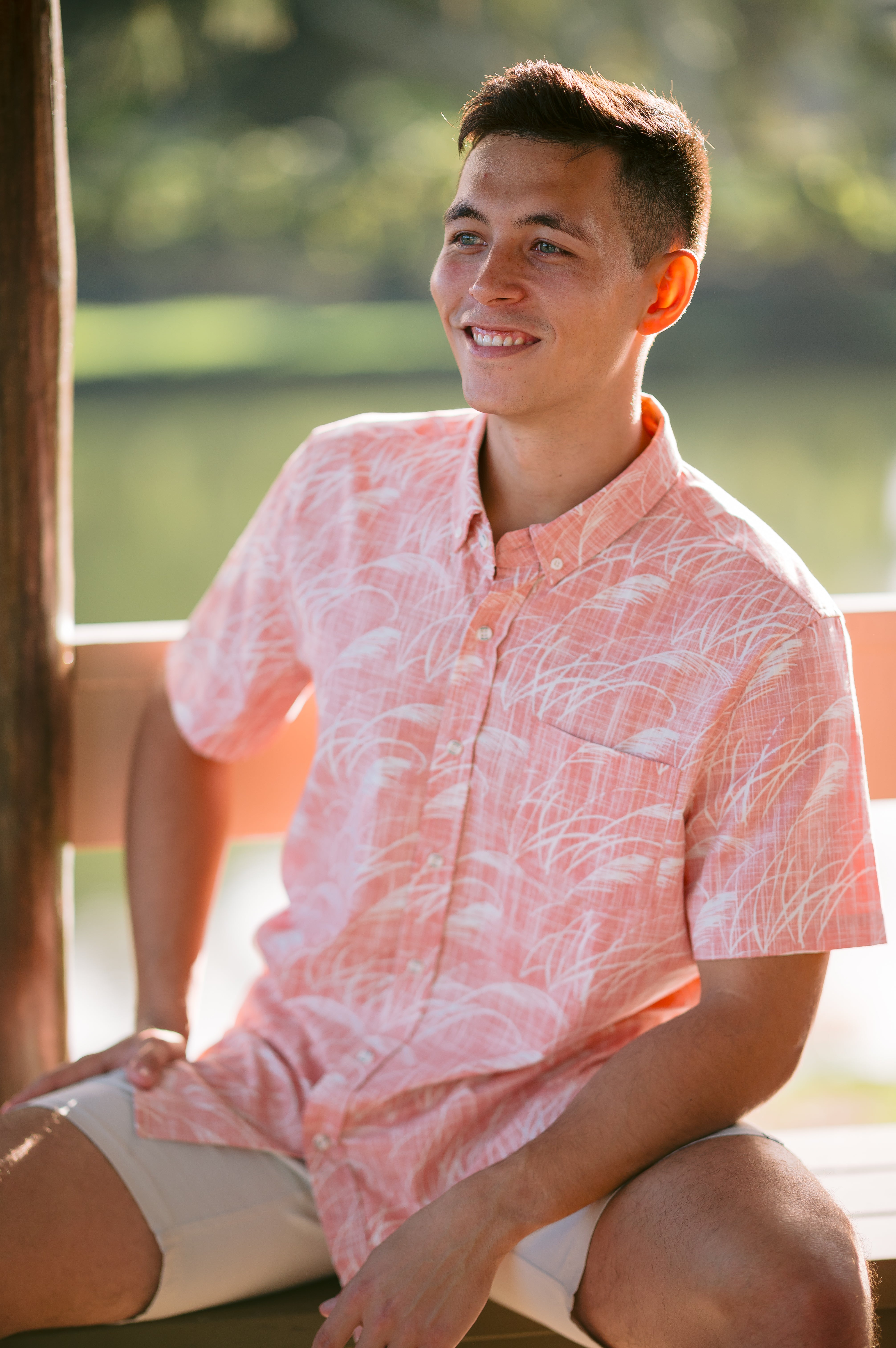 Mens Kiwi Classic short sleeve shirt in coral Toe Toe print – lightweight breathable button-up inspired by New Zealand native grasses, perfect for summer casual wear.