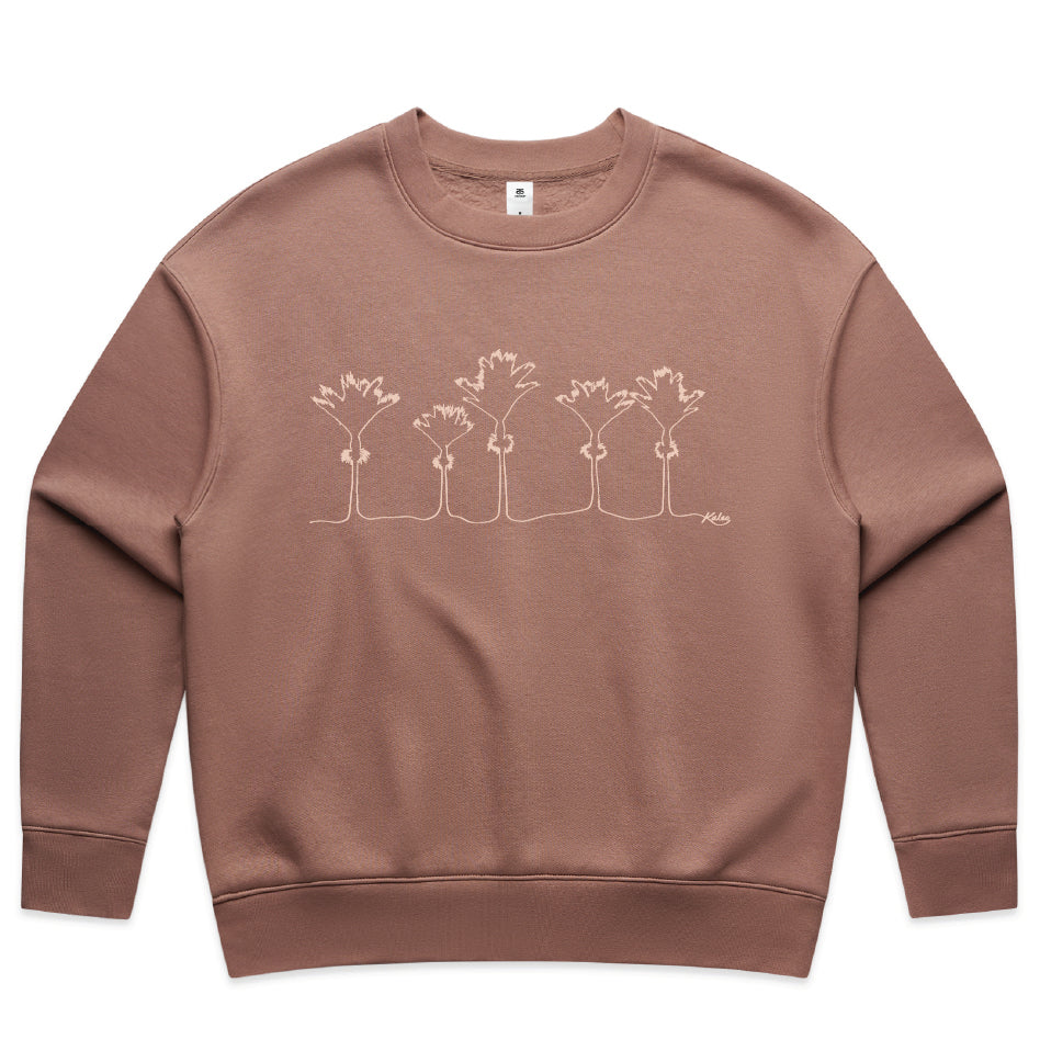 Women’s sweatshirt New Zealand – Nikau palm line-art print, NZ-designed wearable art by Kaleo; premium, cosy crew for everyday Kiwi style