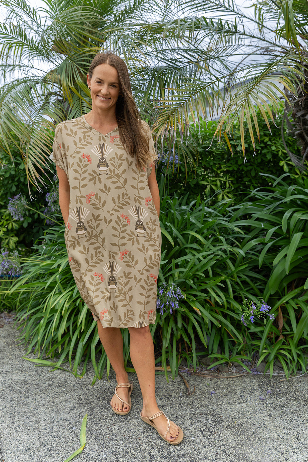 Women’s clothing New Zealand – comfortable women’s dress with Fantail (Pīwakawaka) print, NZ-designed wearable art by Kaleo; relaxed, travel-friendly style