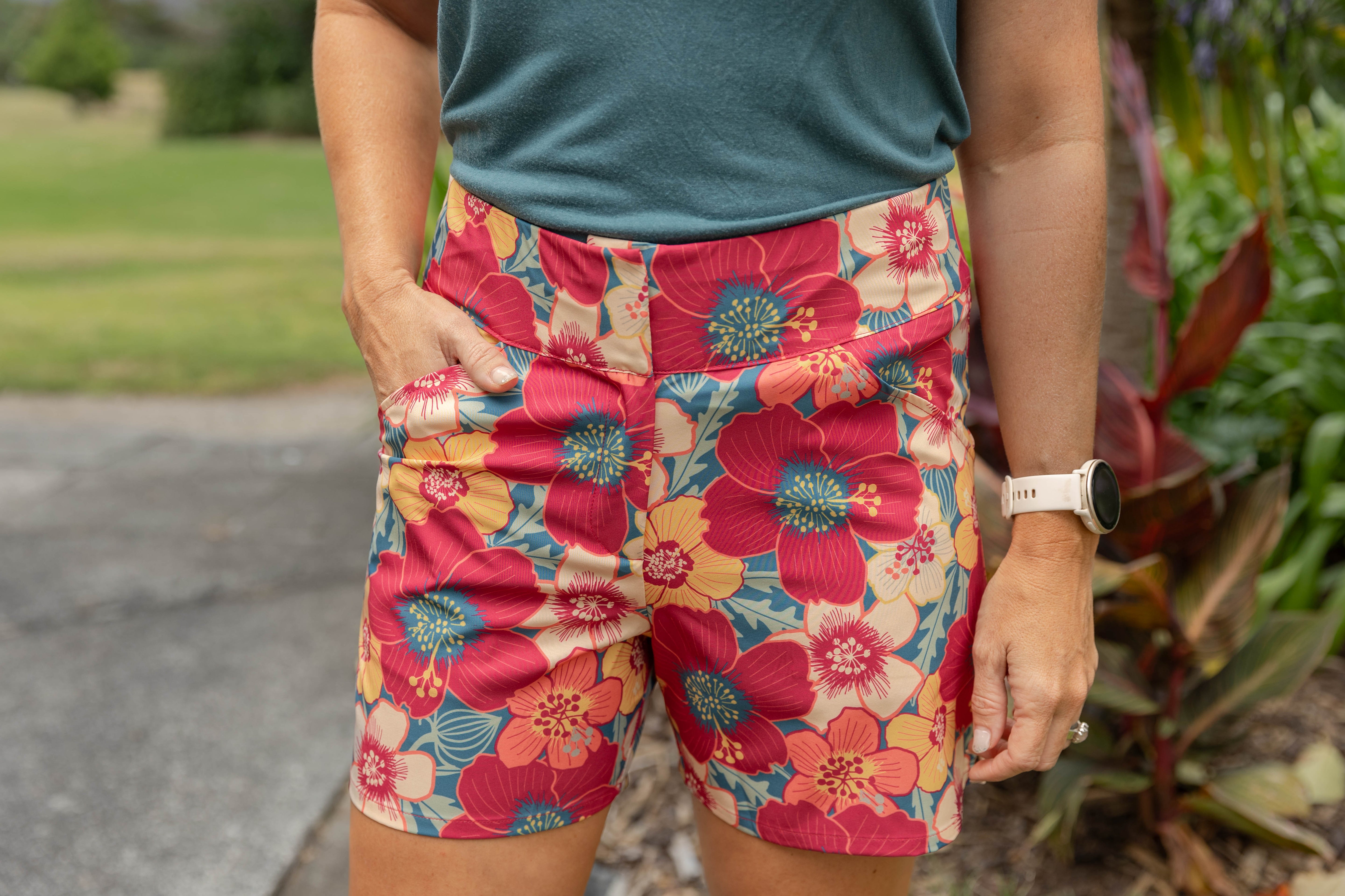 Women’s shorts New Zealand – NZ Hibiscus print, NZ-designed wearable art by Kaleo; lightweight, breathable, travel-friendly holiday clothes
