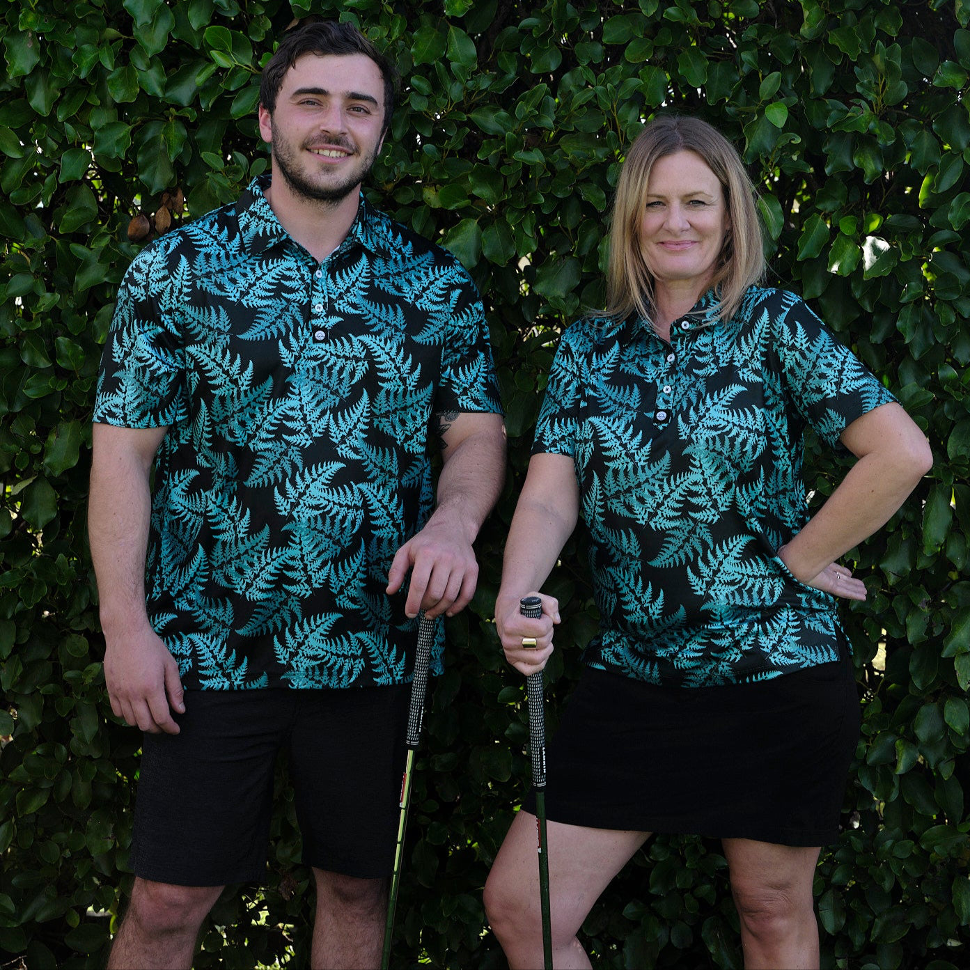 Women’s teal golf polo shirt with silver fern print – breathable, stylish activewear for comfort and performance on the course by Kaleo