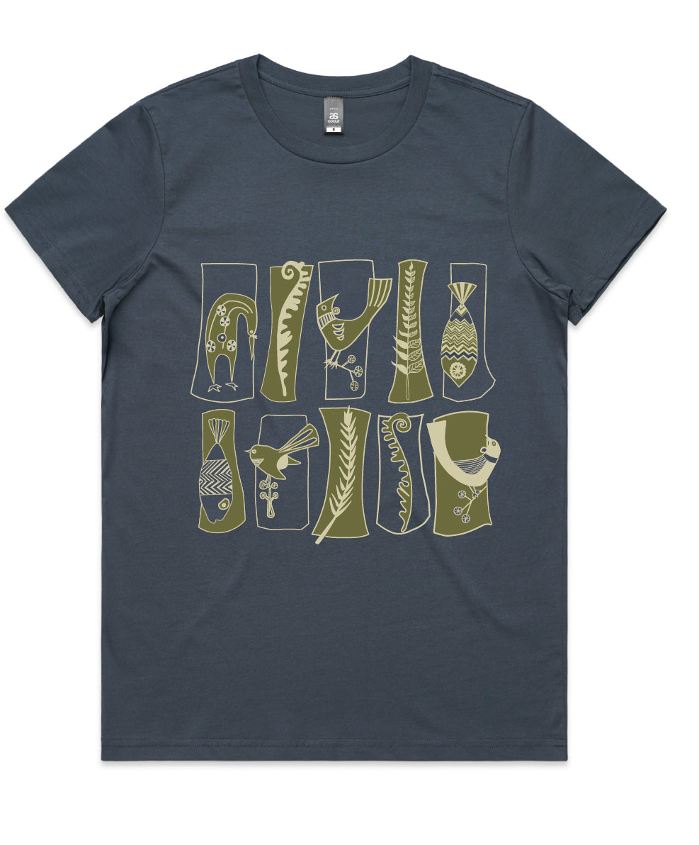 Women’s T-shirt New Zealand – Mid Century Kiwiana print with native birds, ferns and fish; NZ-designed wearable art tee by Kaleo, boutique Kiwi fashion.