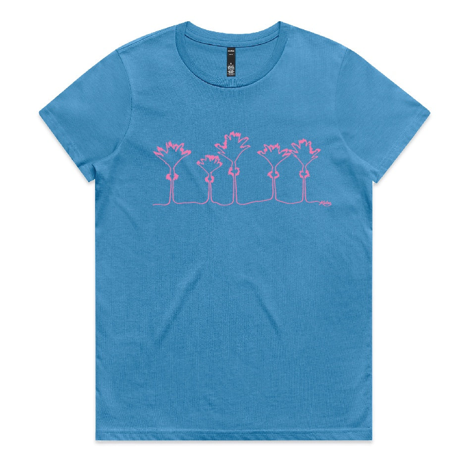 Women’s T-shirt New Zealand – Nikau line-art print in hydro blue with pink, NZ-designed Kiwi tee by Kaleo; soft cotton, everyday wearable art