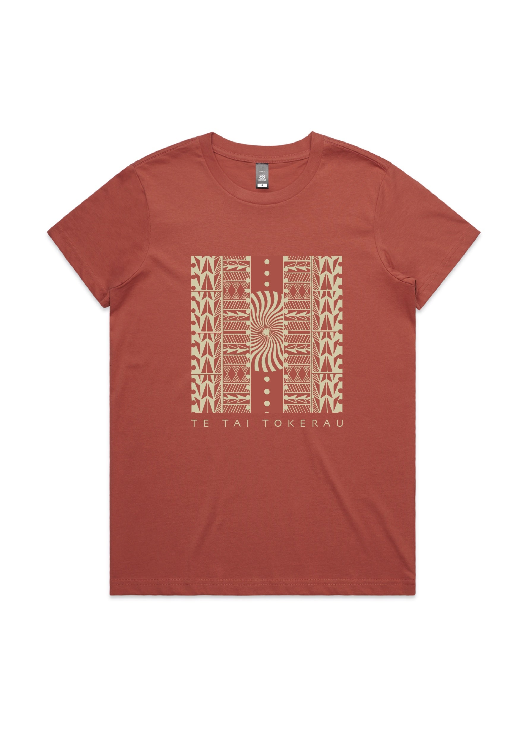 Women’s T-shirt New Zealand – Te Tai Tokerau design in coral, NZ-designed Kiwi T-shirt with Māori-inspired artwork by Kaleo; soft, everyday wearable art