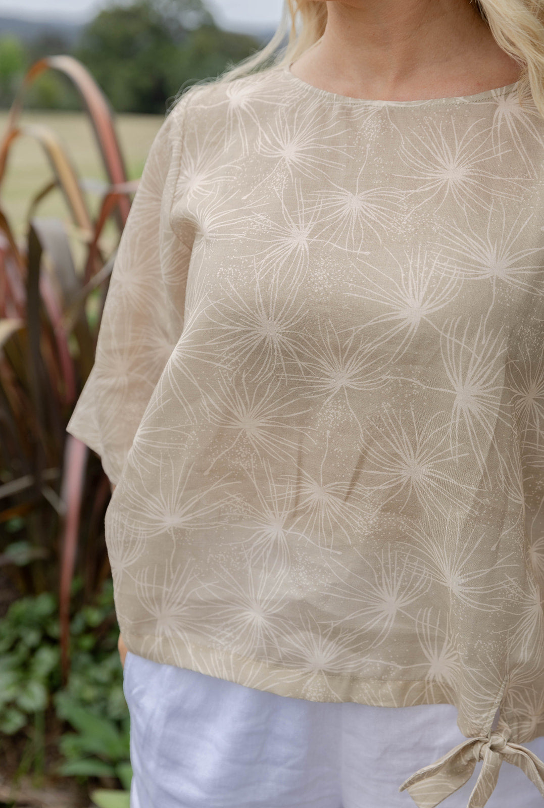 Women’s clothing New Zealand – linen top with Spinifex print, NZ-designed wearable art by Kaleo; relaxed smart-casual, travel-friendly style