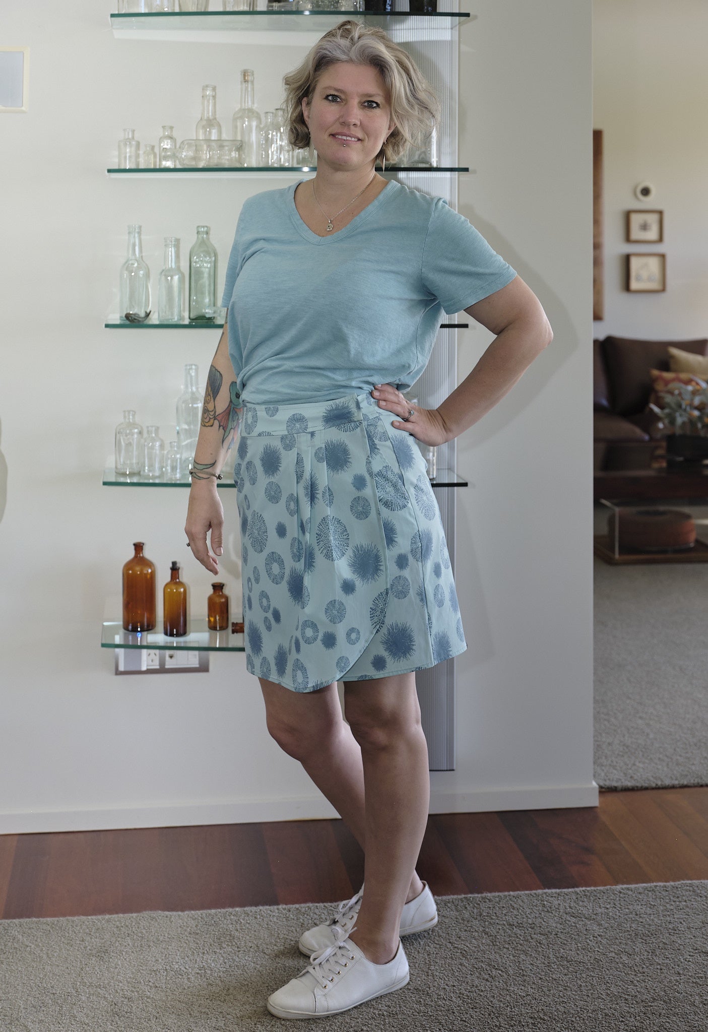 Women’s wrap skirt New Zealand – Kina (sea urchin) print, NZ-designed wearable art by Kaleo; lightweight, travel-friendly resort wear with Kiwi style.